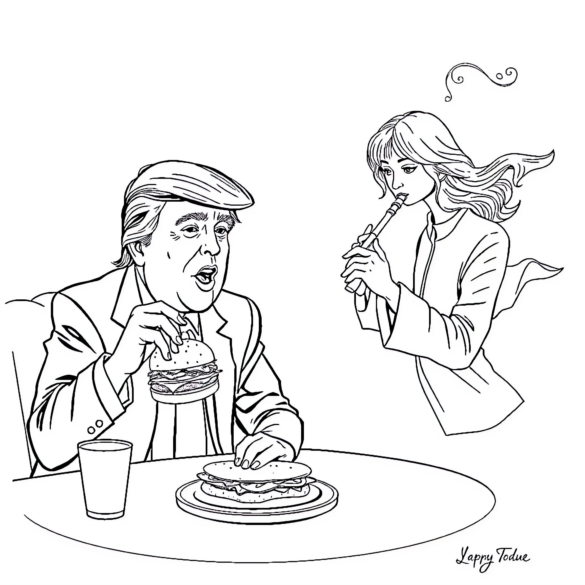 Donald Trump enjoying a burger with a woman holding a microphone Coloring Page (free black-and-white line drawing printable PDF for all, from beginners to advanced learners, including children, teens, adults, and seniors)