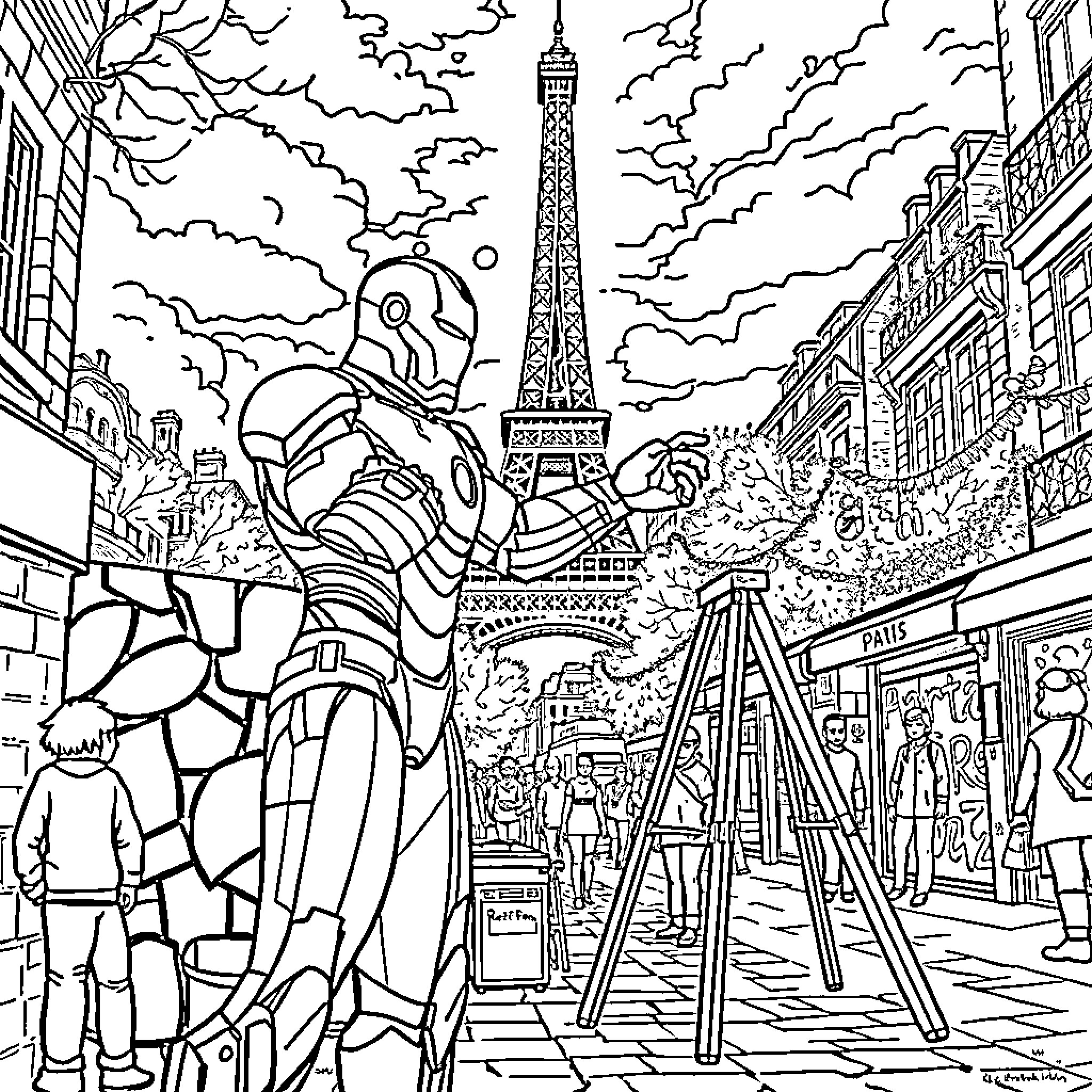 Ironman posing before the Eiffel Tower in Paris Coloring Page (free black-and-white line drawing printable PDF for all, from beginners to advanced learners, including children, teens, adults, and seniors)