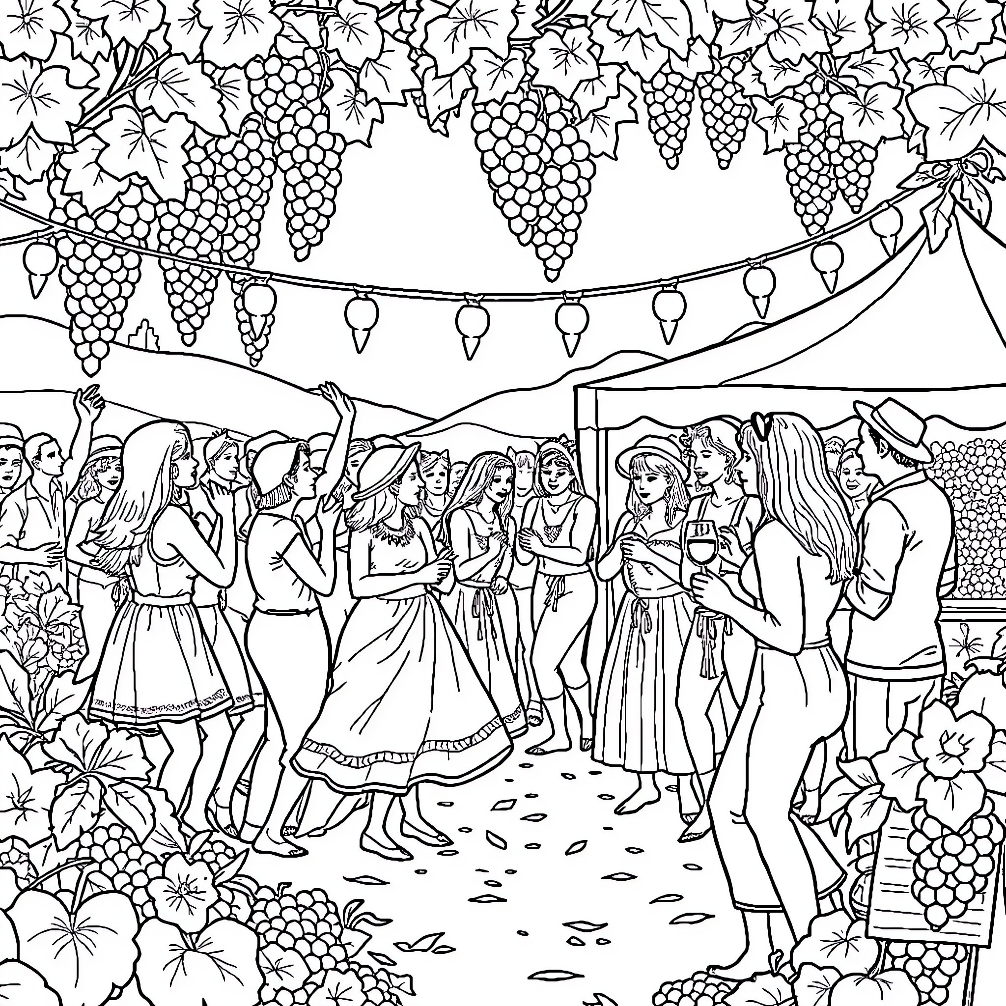 Grape Harvest Festival with Dancers and Decorations Coloring Page (free black-and-white line drawing printable PDF for all, from beginners to advanced learners, including children, teens, adults, and seniors)