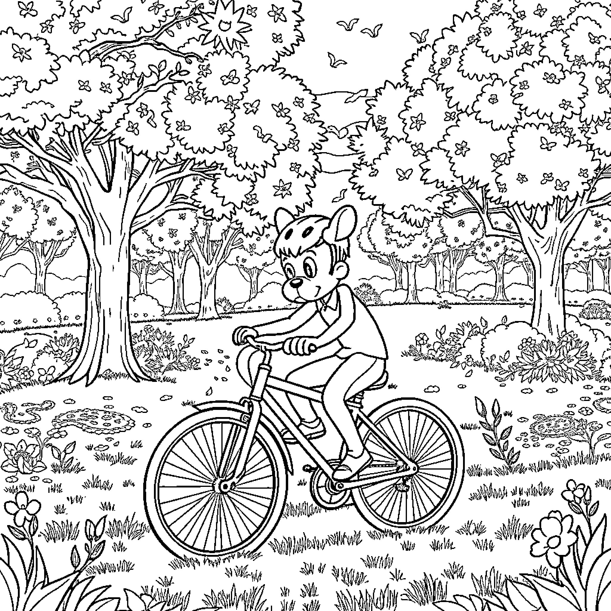 Labubu's Joyful Bicycle Adventure in the Forest Coloring Page (free black-and-white line drawing printable PDF for all, from beginners to advanced learners, including children, teens, adults, and seniors)