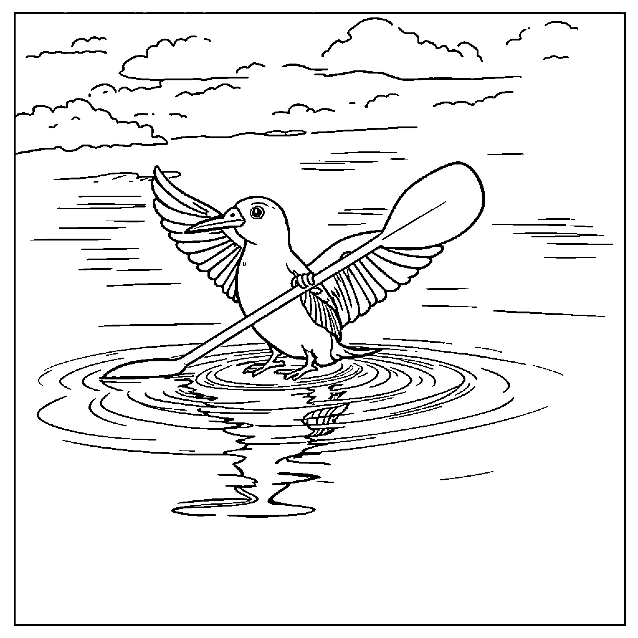 Bird taking flight from water Coloring Page (free black-and-white line drawing printable PDF for all, from beginners to advanced learners, including children, teens, adults, and seniors)