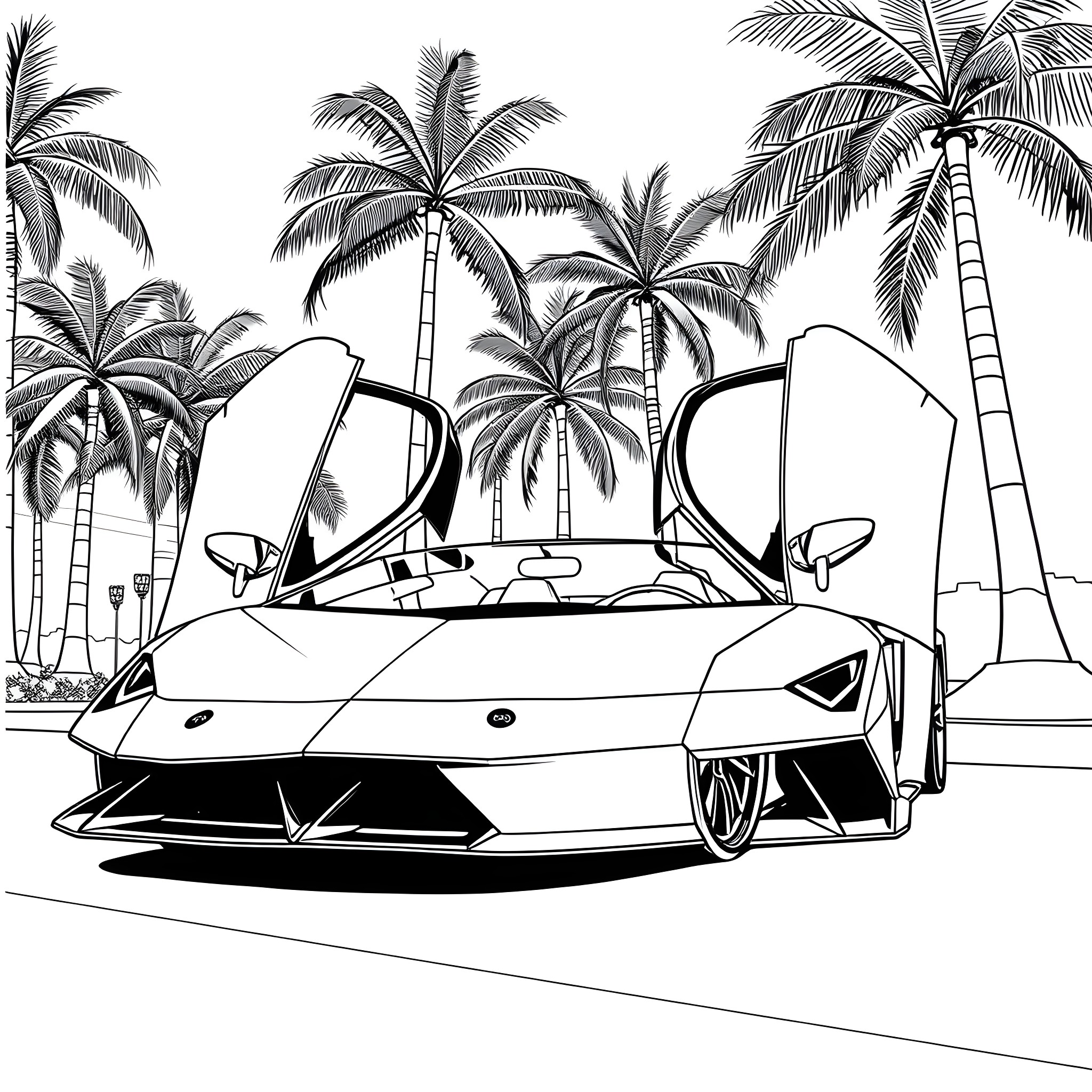 Lamborghini sports car on tropical beach Coloring Page (free black-and-white line drawing printable PDF for all, from beginners to advanced learners, including children, teens, adults, and seniors)