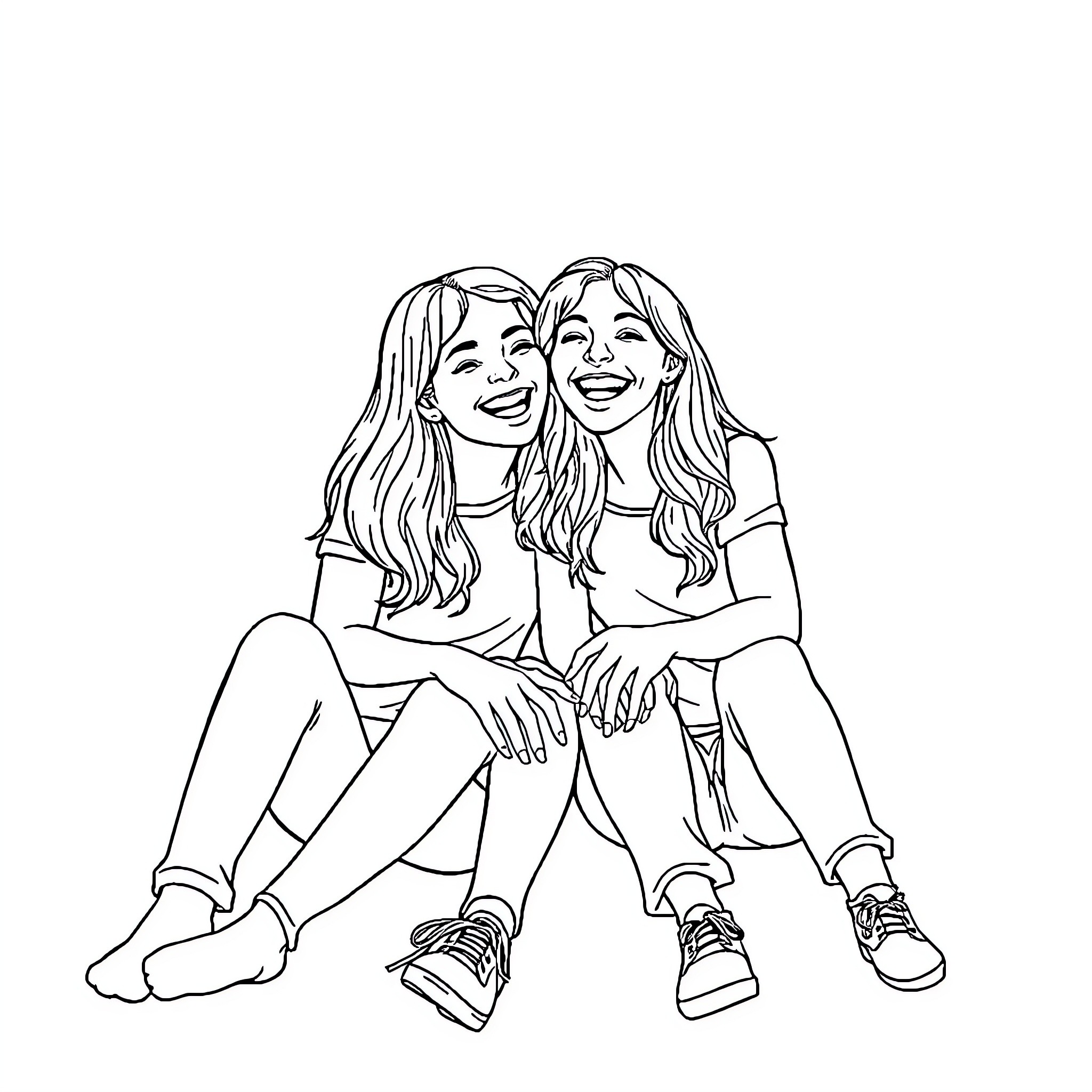 Friend sharing a moment of joy and laughter Coloring Page (free black-and-white line drawing printable PDF for all, from beginners to advanced learners, including children, teens, adults, and seniors)