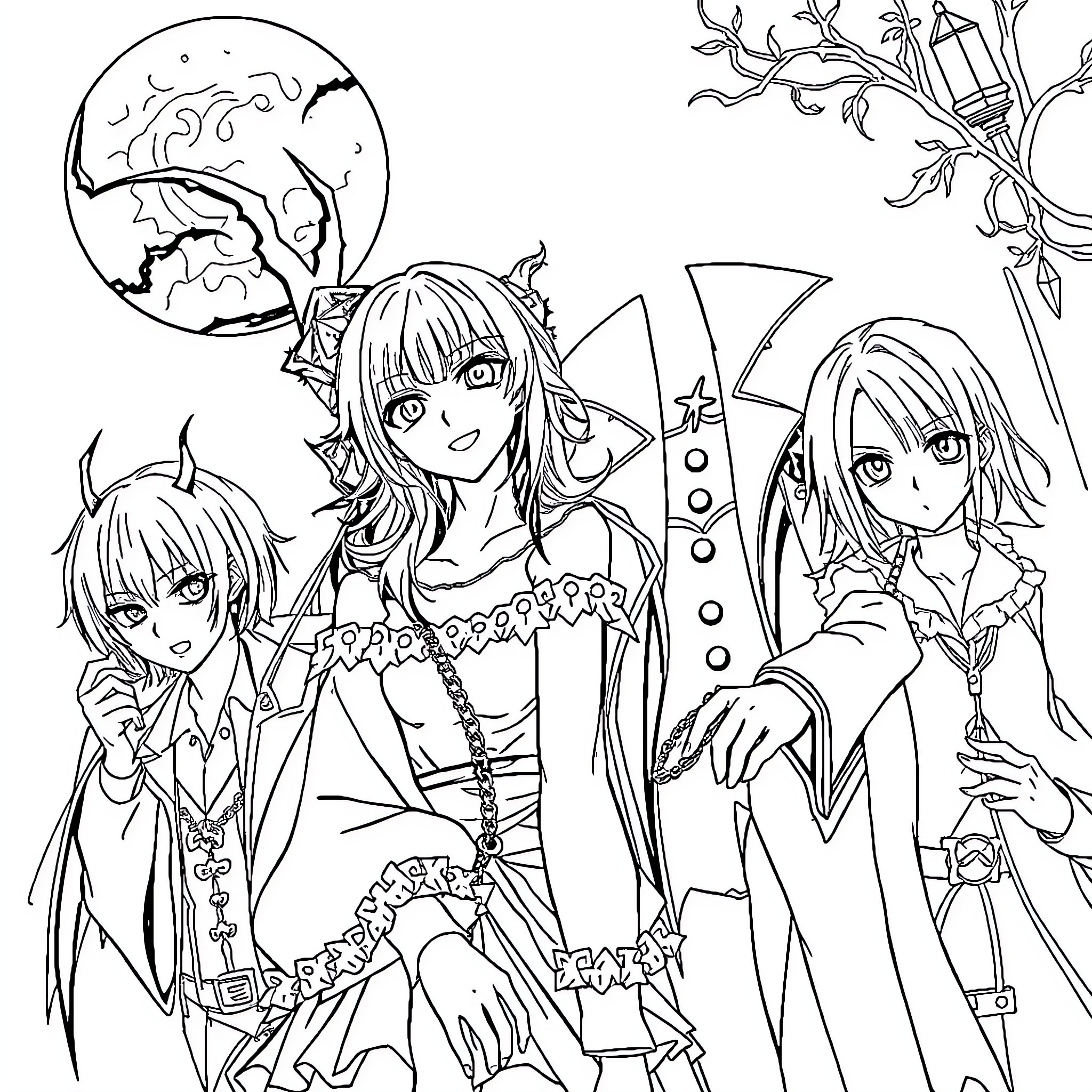 Goth Anime Characters in Intricate Outfits Coloring Page (free black-and-white line drawing printable PDF for all, from beginners to advanced learners, including children, teens, adults, and seniors)