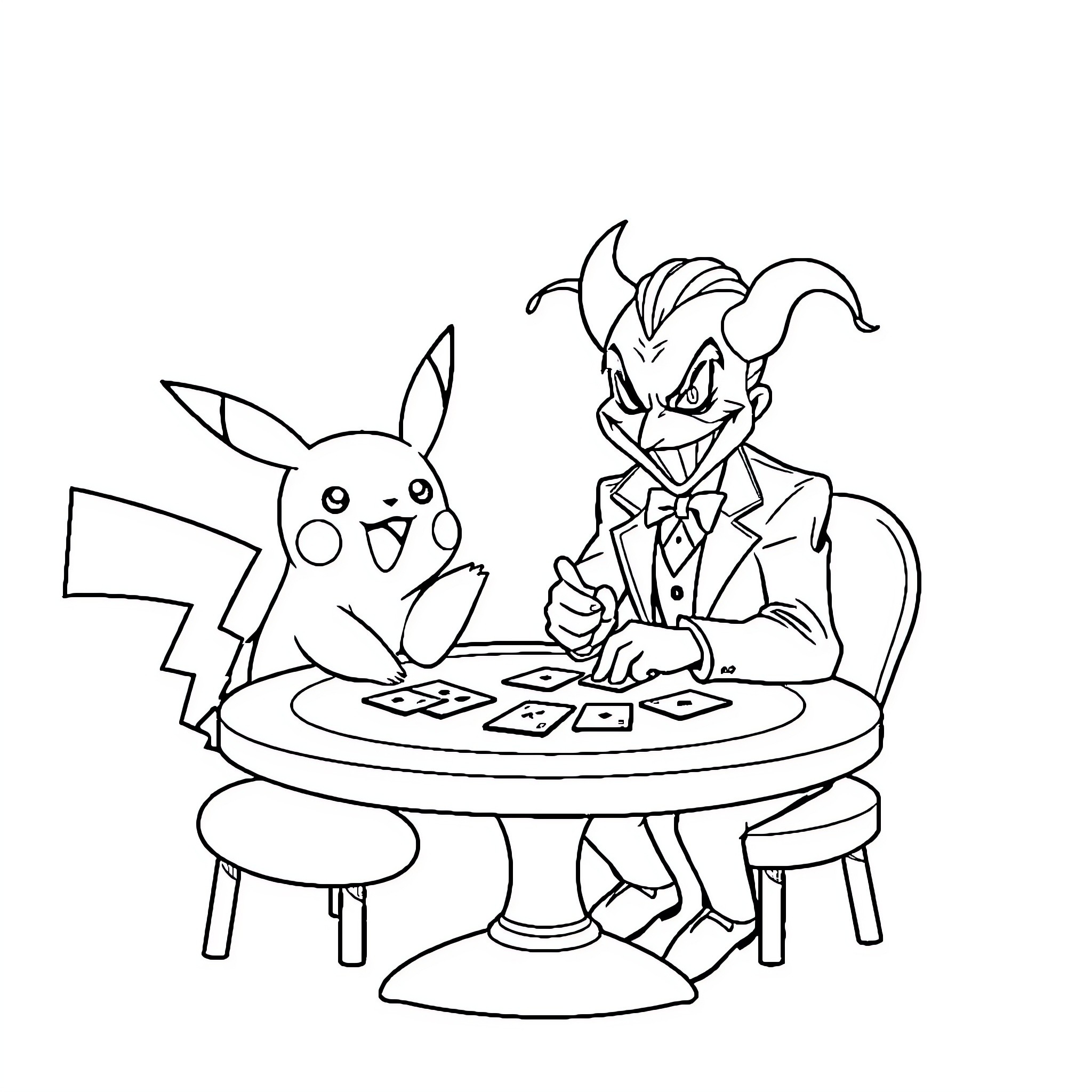 Pikachu playing cards with a mischievous character Coloring Page (free black-and-white line drawing printable PDF for all, from beginners to advanced learners, including children, teens, adults, and seniors)
