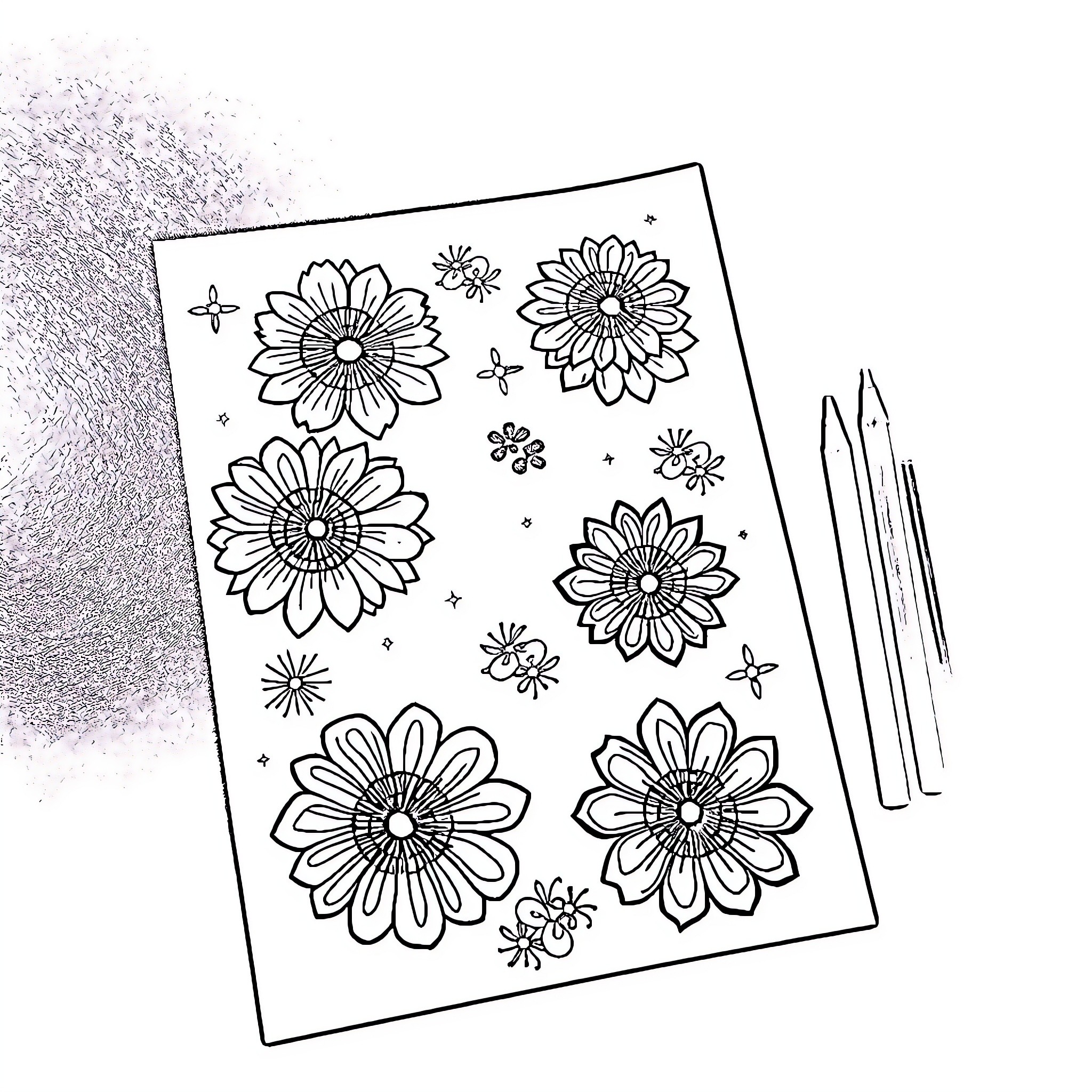 Print Floral Coloring Page with Daisies Coloring Page (free black-and-white line drawing printable PDF for all, from beginners to advanced learners, including children, teens, adults, and seniors)