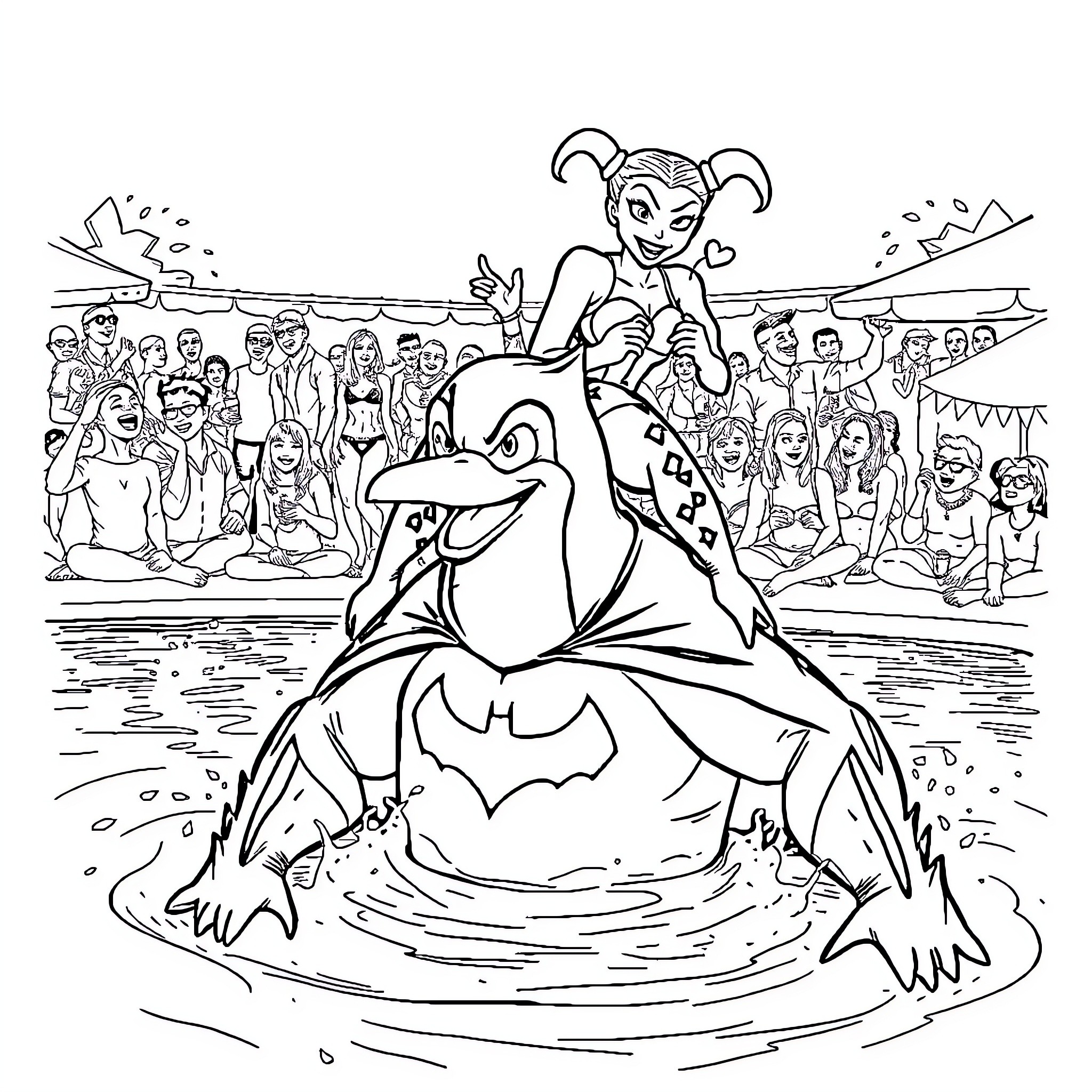 Penguin enjoying a party with friends at the beach Coloring Page (free black-and-white line drawing printable PDF for all, from beginners to advanced learners, including children, teens, adults, and seniors)