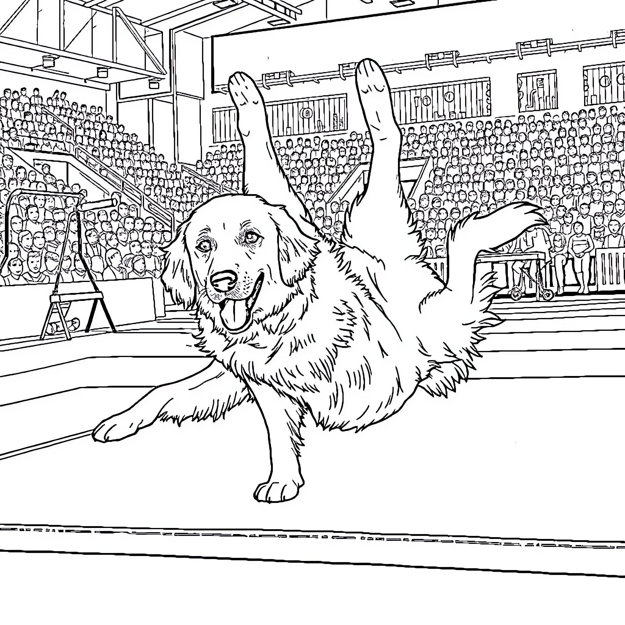 Golden Retriever performing on stage Coloring Page (free black-and-white line drawing printable PDF for all, from beginners to advanced learners, including children, teens, adults, and seniors)