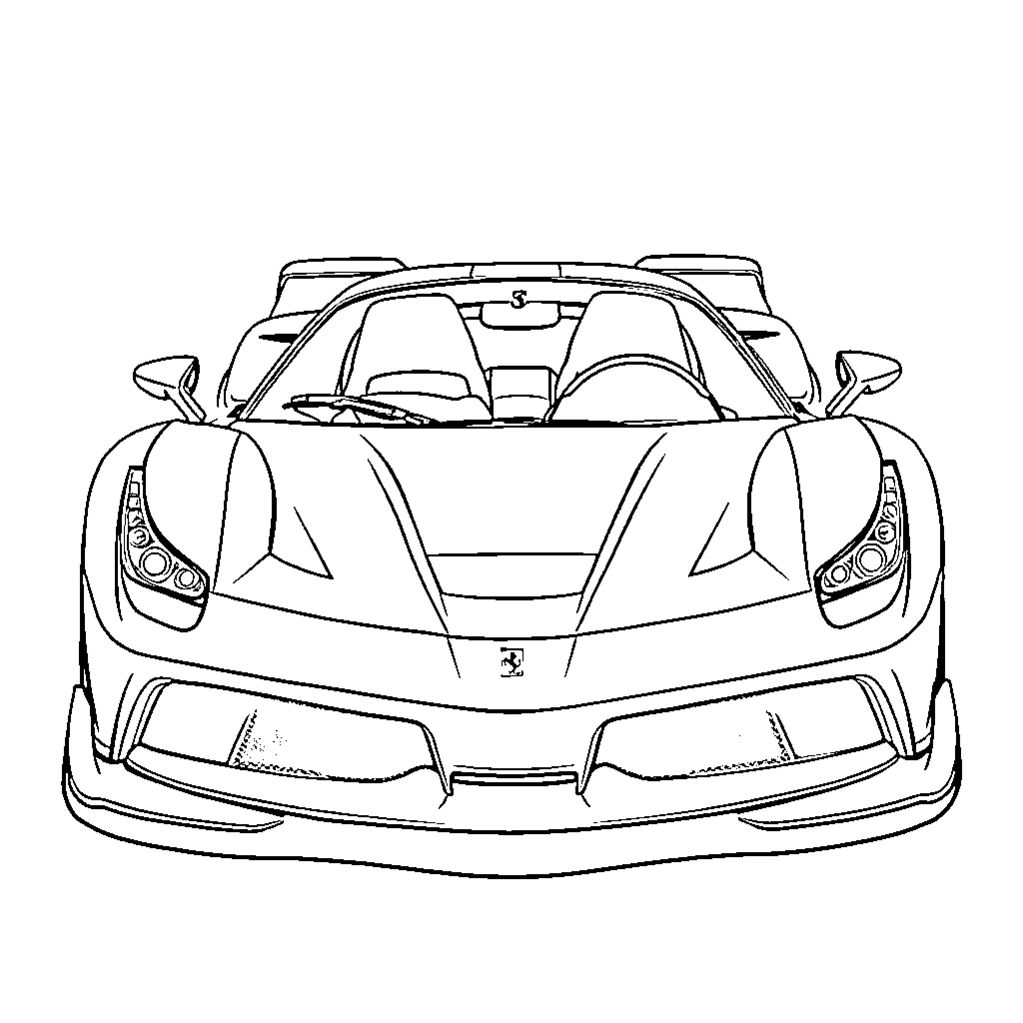 Ferrari supercar showcased in detailed technical drawing Coloring Page (free black-and-white line drawing printable PDF for all, from beginners to advanced learners, including children, teens, adults, and seniors)