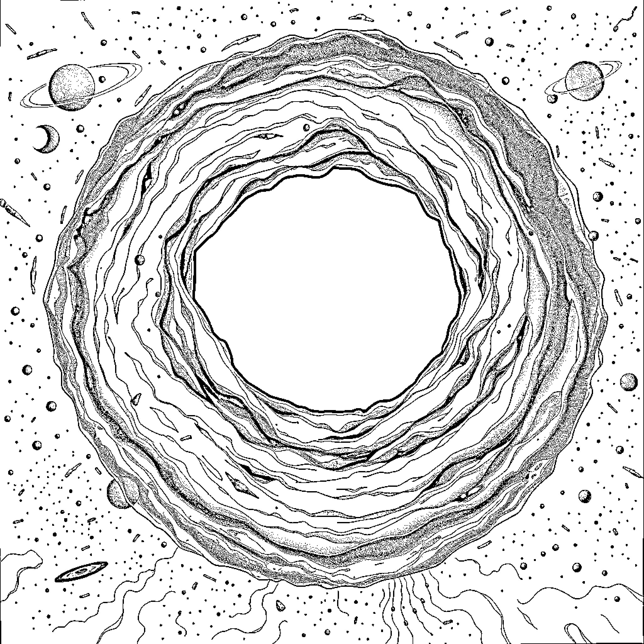 Black Hole Consuming Celestial Objects in Cosmic Swirl Coloring Page (free black-and-white line drawing printable PDF for all, from beginners to advanced learners, including children, teens, adults, and seniors)