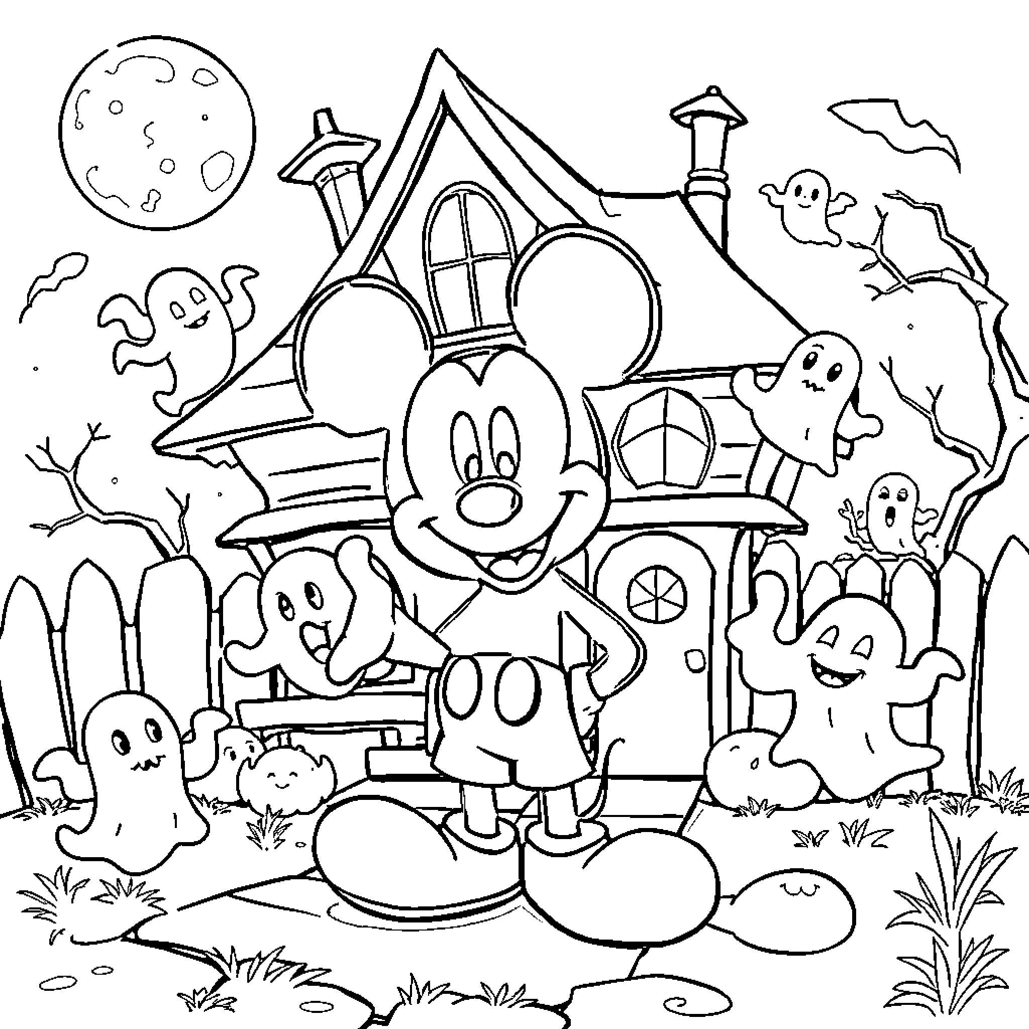 Mickey Mouse in a Spooky Halloween House Coloring Page (free black-and-white line drawing printable PDF for all, from beginners to advanced learners, including children, teens, adults, and seniors)