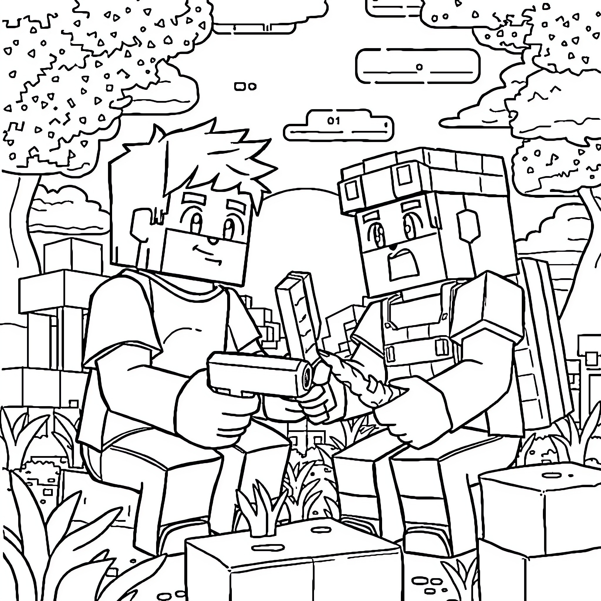 Youtuber Duo Engaged in Animated Interaction Coloring Page (free black-and-white line drawing printable PDF for all, from beginners to advanced learners, including children, teens, adults, and seniors)
