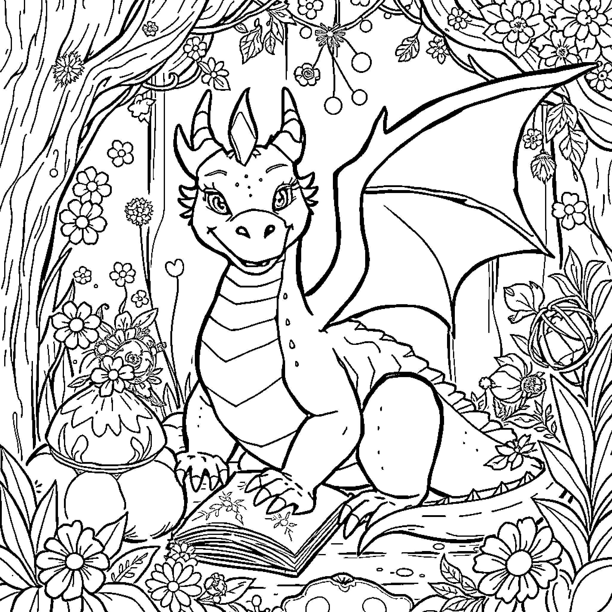 Dragon reading a book in a magical forest Coloring Page (free black-and-white line drawing printable PDF for all, from beginners to advanced learners, including children, teens, adults, and seniors)