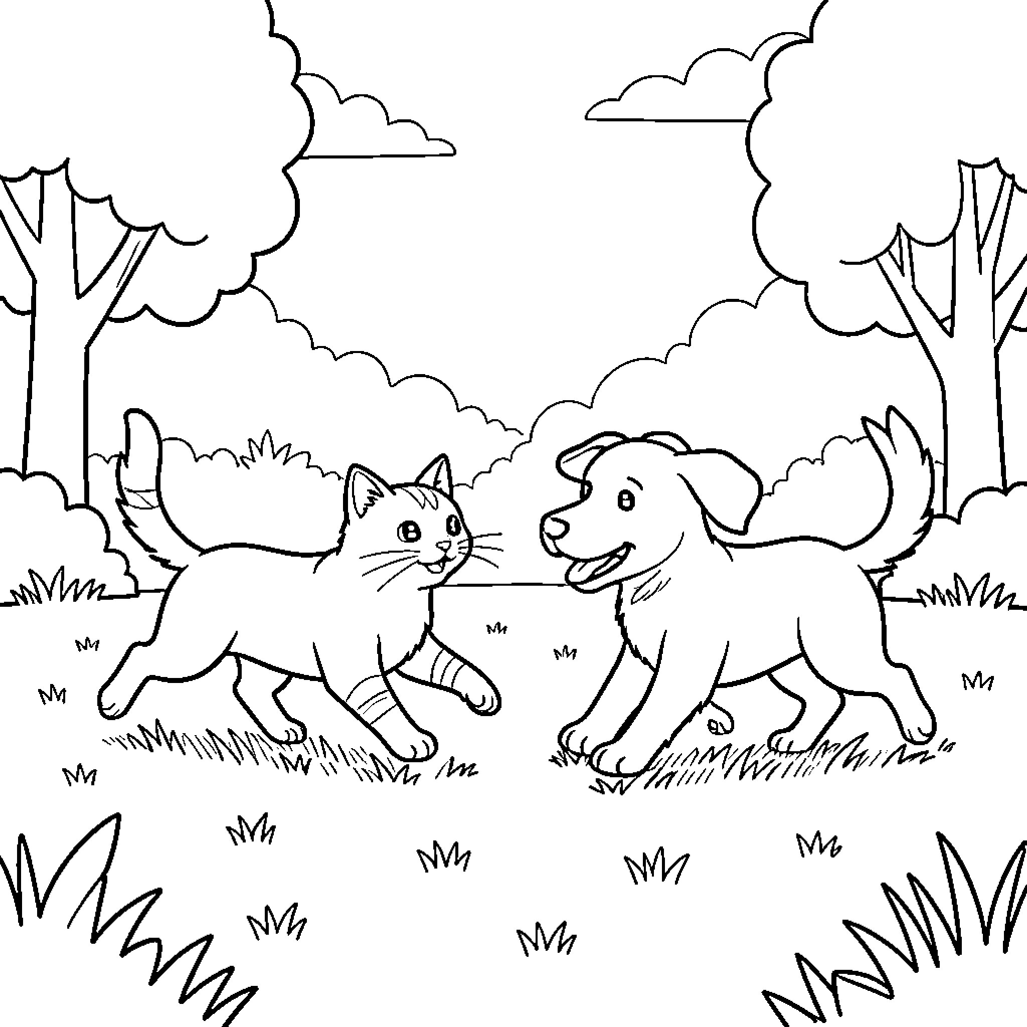 Cat and Dog Frolicking in the Forest Coloring Page (free black-and-white line drawing printable PDF for all, from beginners to advanced learners, including children, teens, adults, and seniors)