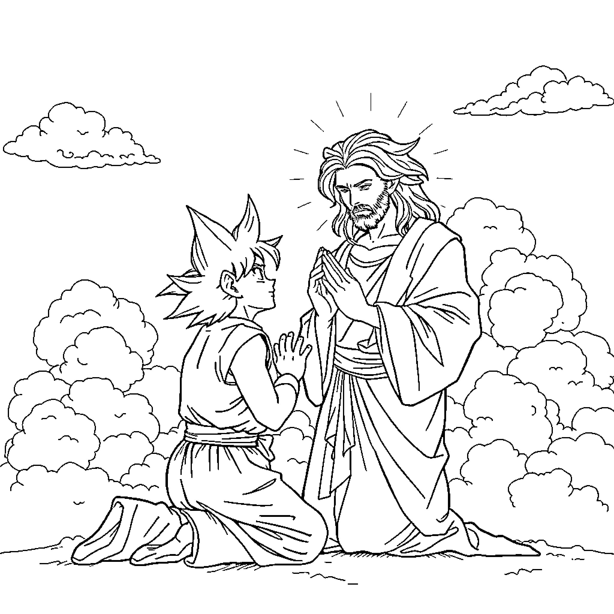 Goku and Jesus in Spiritual Contemplation Coloring Page (free black-and-white line drawing printable PDF for all, from beginners to advanced learners, including children, teens, adults, and seniors)