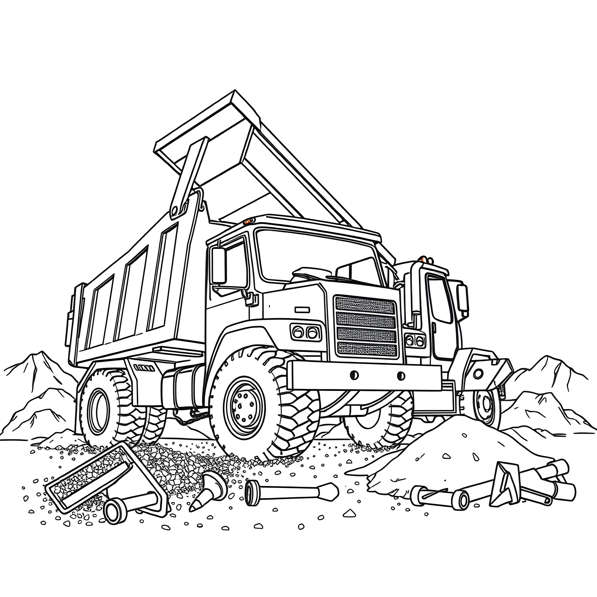 Dump Truck Transporting Materials on Construction Site Coloring Page (free black-and-white line drawing printable PDF for all, from beginners to advanced learners, including children, teens, adults, and seniors)