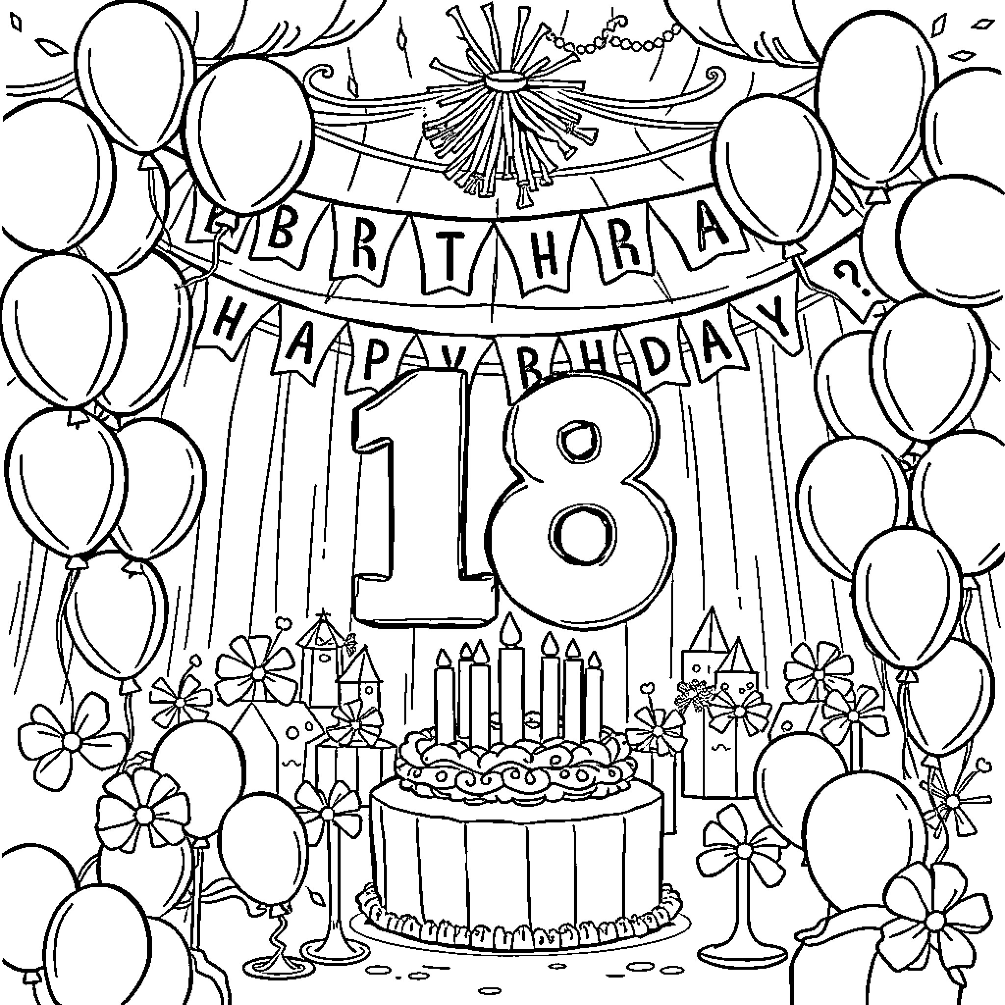 Birthday Party Celebration for 18th Coloring Page (free black-and-white line drawing printable PDF for all, from beginners to advanced learners, including children, teens, adults, and seniors)