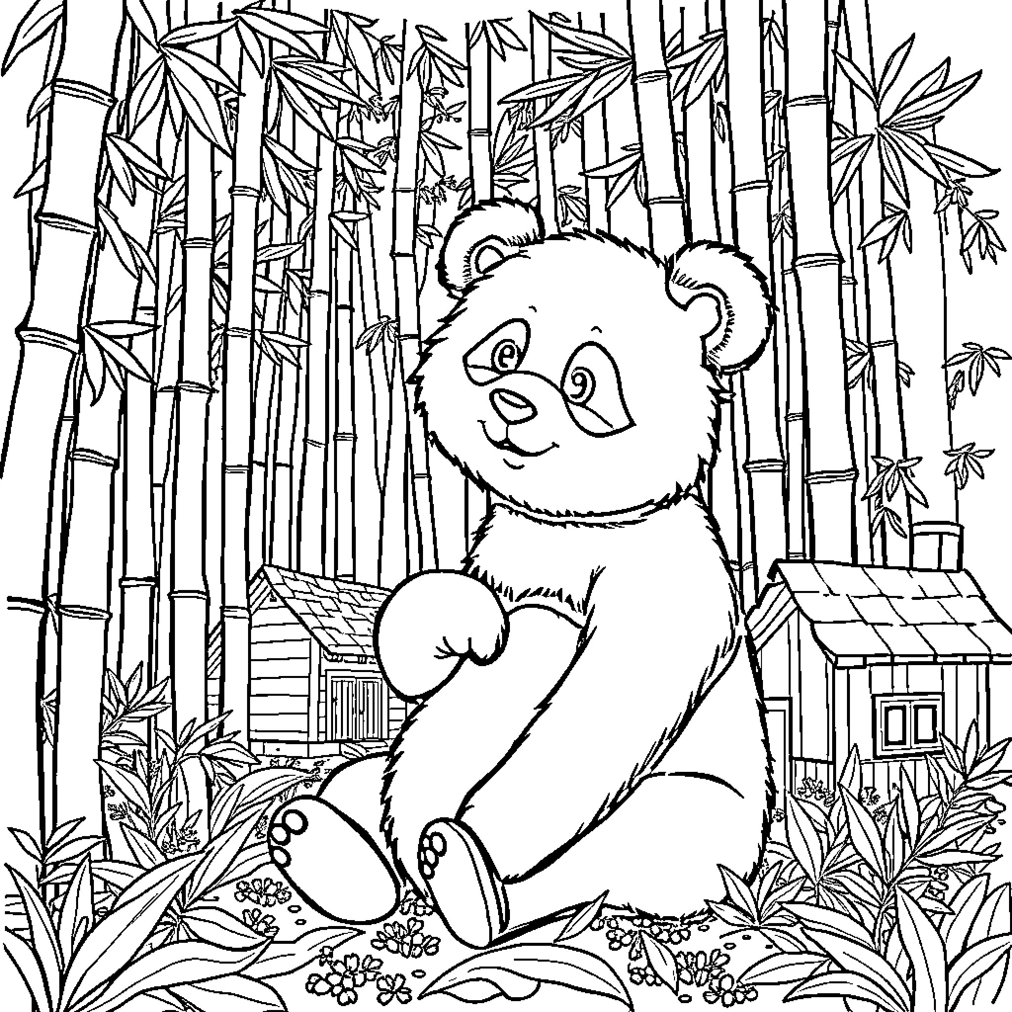 Panda sitting amidst bamboo forest Coloring Page (free black-and-white line drawing printable PDF for all, from beginners to advanced learners, including children, teens, adults, and seniors)