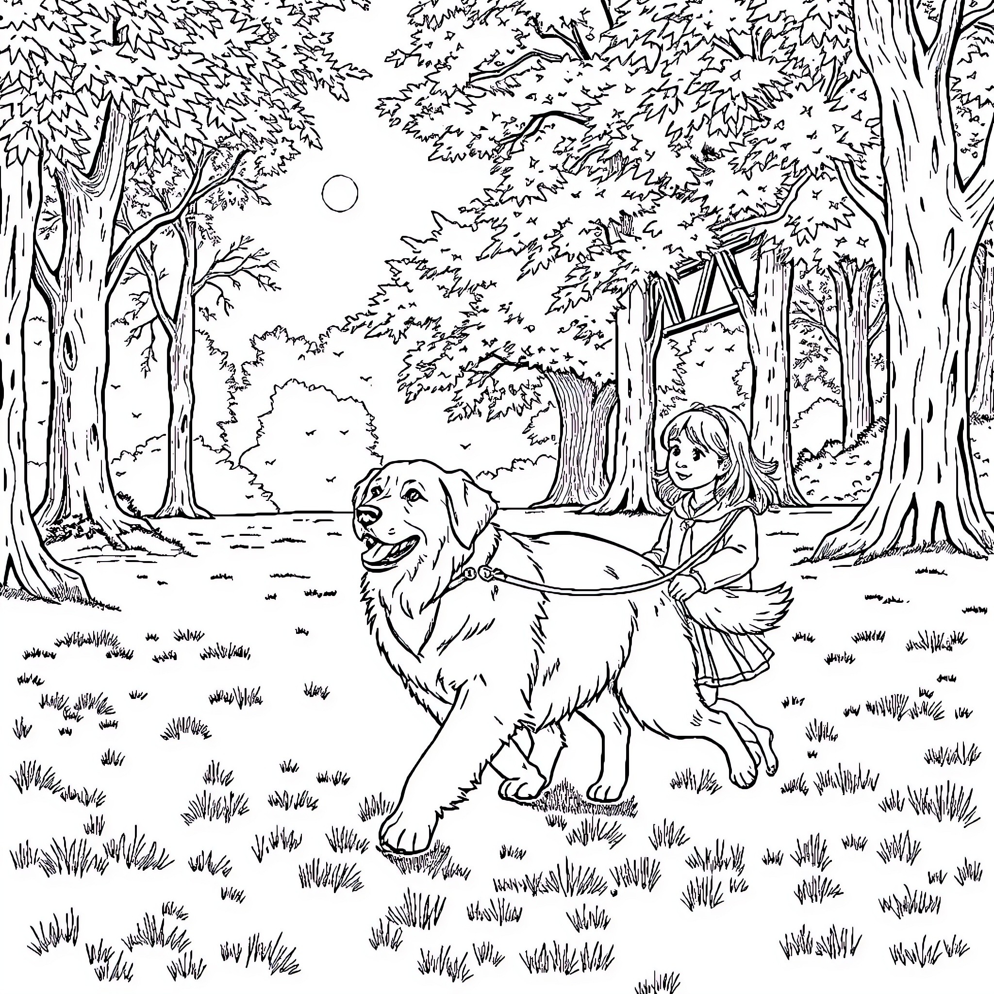 Golden Retriever playing with a child in the forest Coloring Page (free black-and-white line drawing printable PDF for all, from beginners to advanced learners, including children, teens, adults, and seniors)