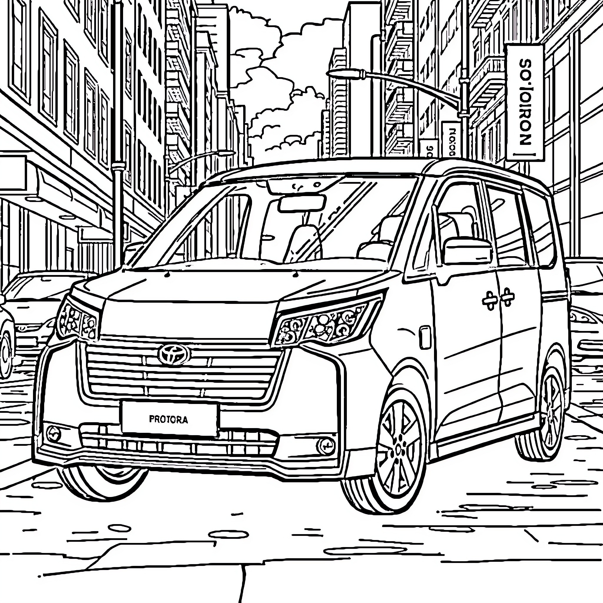 Proton Exora driving in the city streets Coloring Page (free black-and-white line drawing printable PDF for all, from beginners to advanced learners, including children, teens, adults, and seniors)