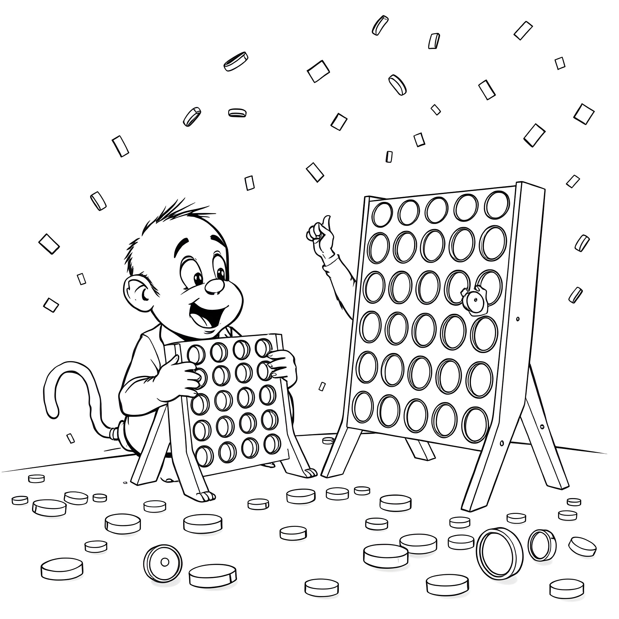 Monkey playing with buttons and shapes Coloring Page (free black-and-white line drawing printable PDF for all, from beginners to advanced learners, including children, teens, adults, and seniors)