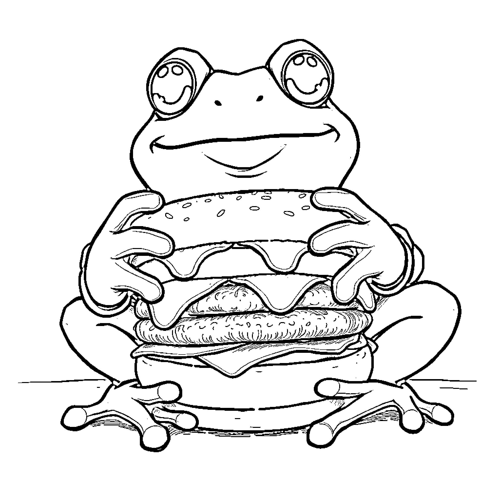 Frog enjoying a tasty burger Coloring Page (free black-and-white line drawing printable PDF for all, from beginners to advanced learners, including children, teens, adults, and seniors)
