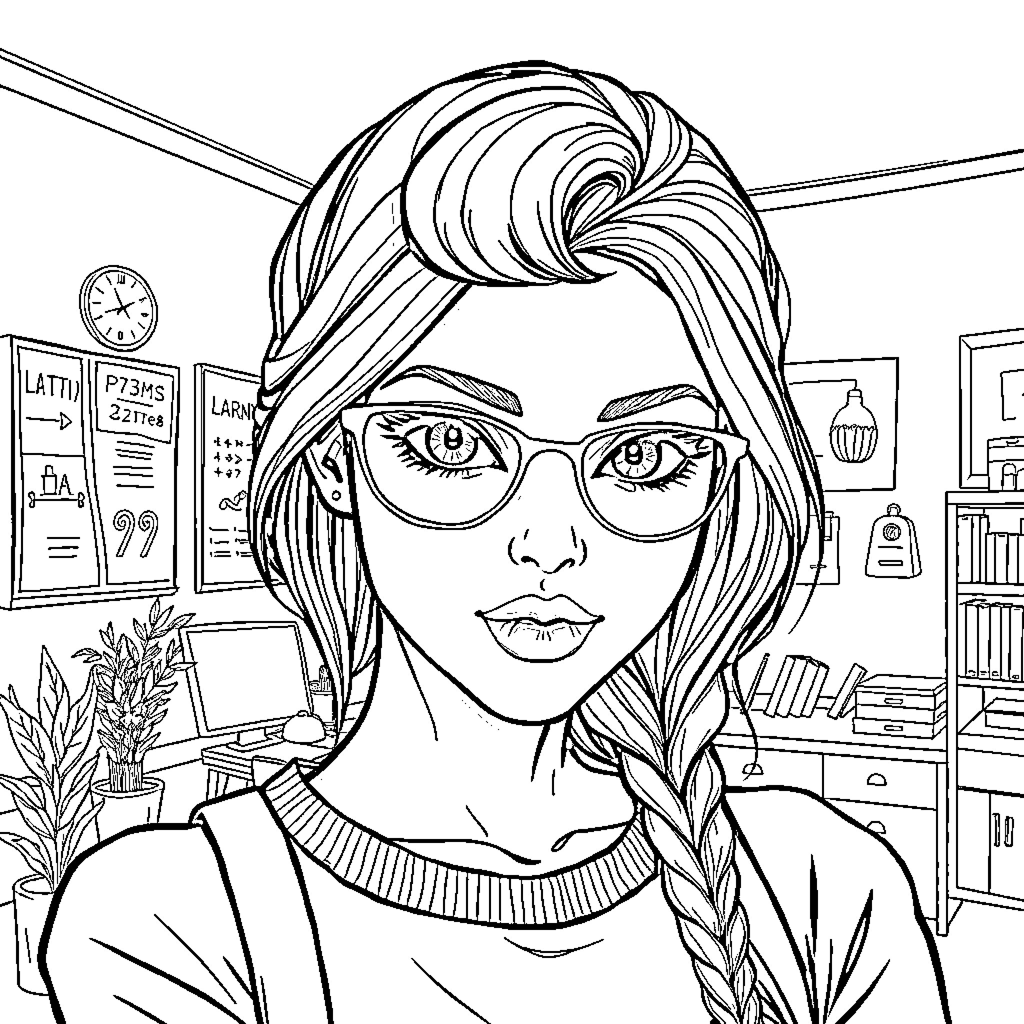 Teacher in a Thoughtful Pose with Classroom Backdrop Coloring Page (free black-and-white line drawing printable PDF for all, from beginners to advanced learners, including children, teens, adults, and seniors)