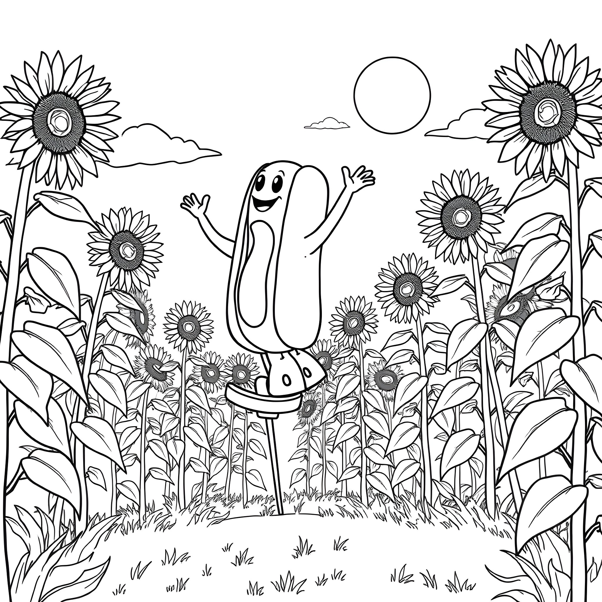 Hot Dog Man frolicking among cheerful sunflowers Coloring Page (free black-and-white line drawing printable PDF for all, from beginners to advanced learners, including children, teens, adults, and seniors)