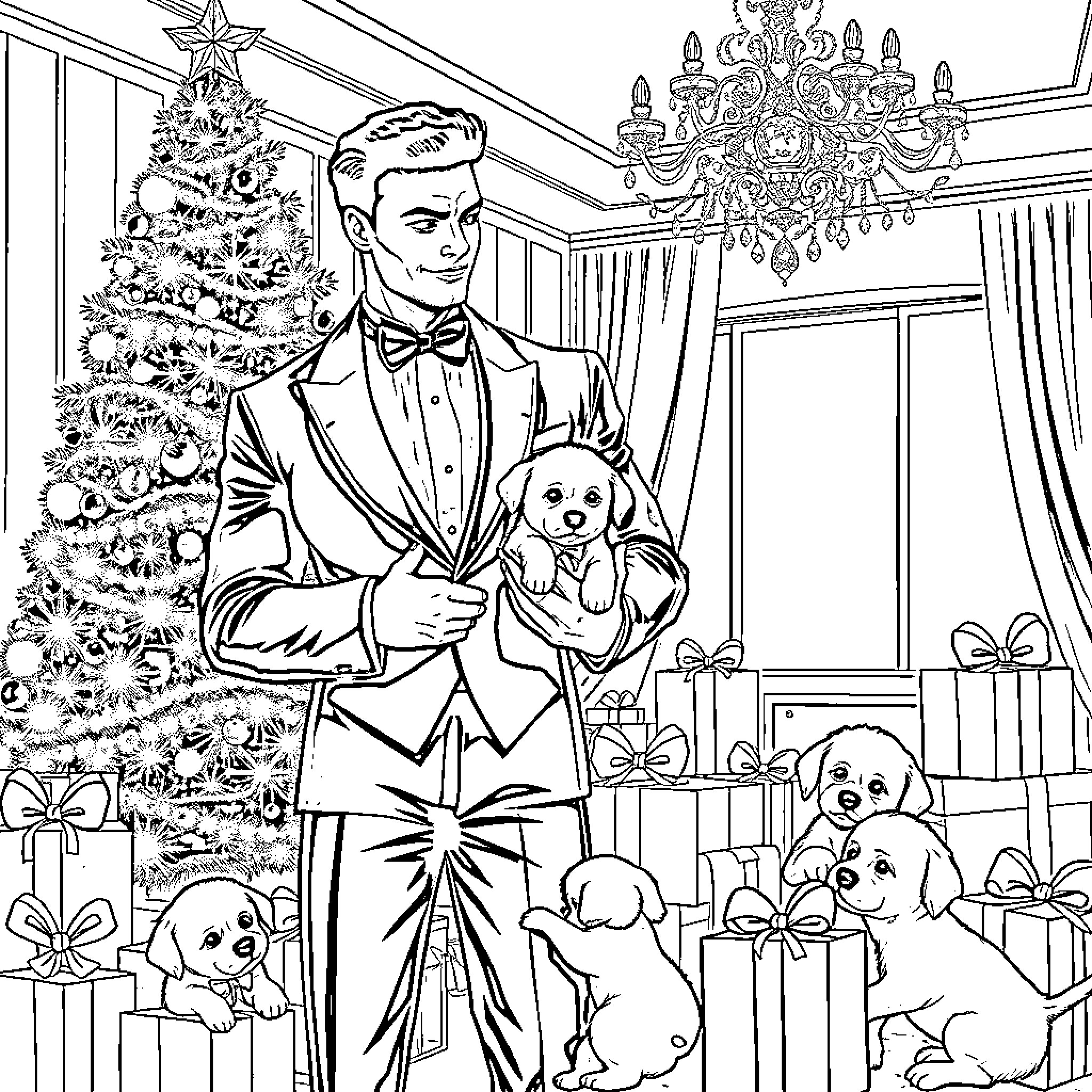 Man in formal attire with dogs near decorated Christmas tree Coloring Page (free black-and-white line drawing printable PDF for all, from beginners to advanced learners, including children, teens, adults, and seniors)