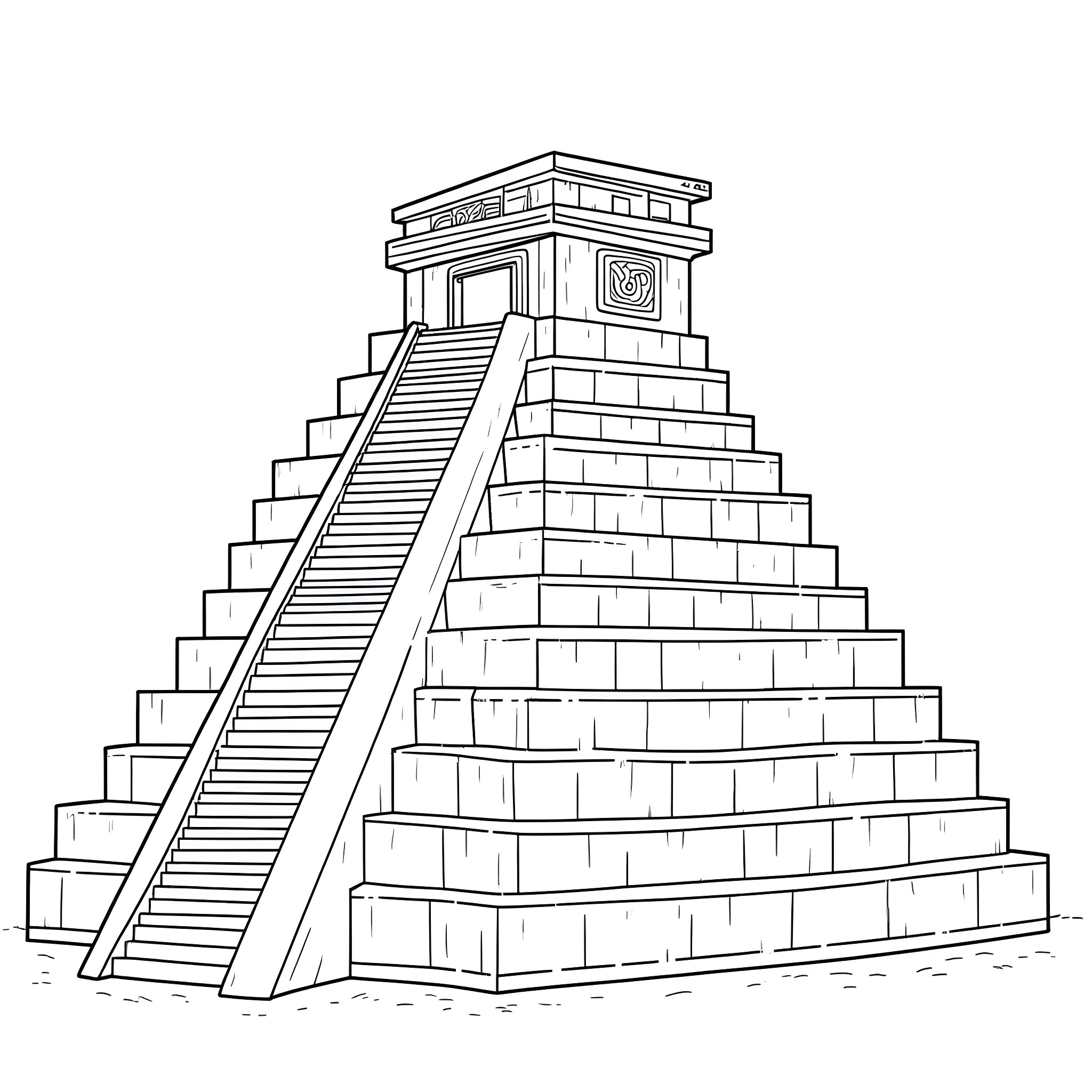 Azteca Pyramid with Stairs and Temple Coloring Page (free black-and-white line drawing printable PDF for all, from beginners to advanced learners, including children, teens, adults, and seniors)