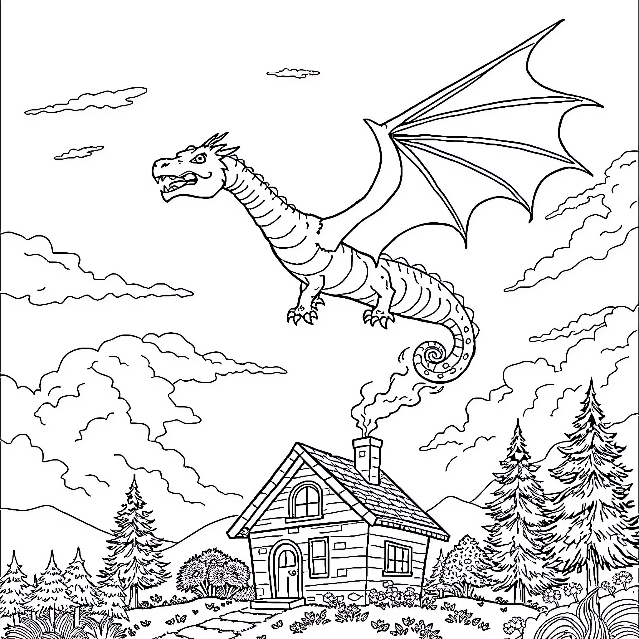 Dragon soaring over a cozy cottage in the woods Coloring Page (free black-and-white line drawing printable PDF for all, from beginners to advanced learners, including children, teens, adults, and seniors)