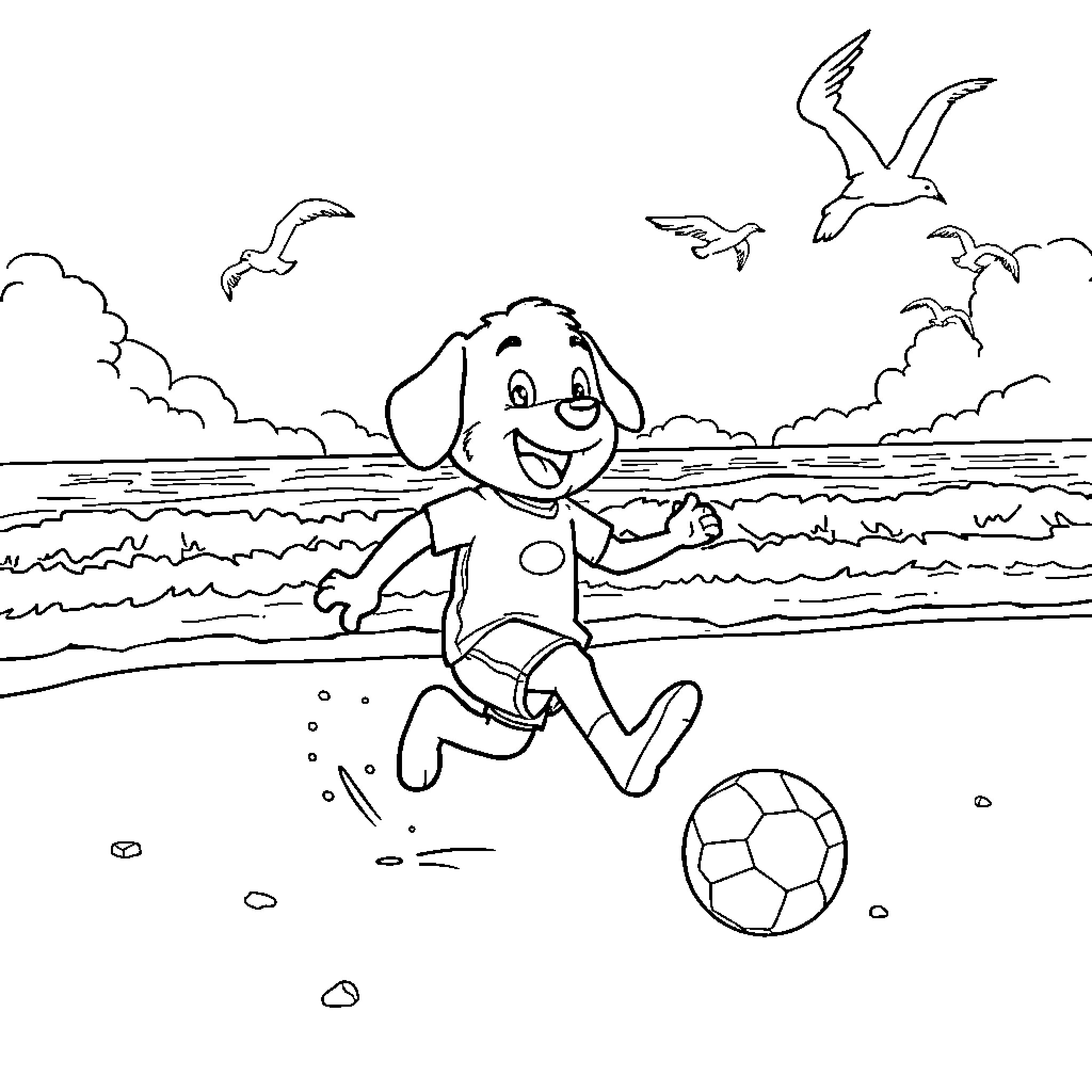 Labubu playing with a soccer ball on the beach Coloring Page (free black-and-white line drawing printable PDF for all, from beginners to advanced learners, including children, teens, adults, and seniors)