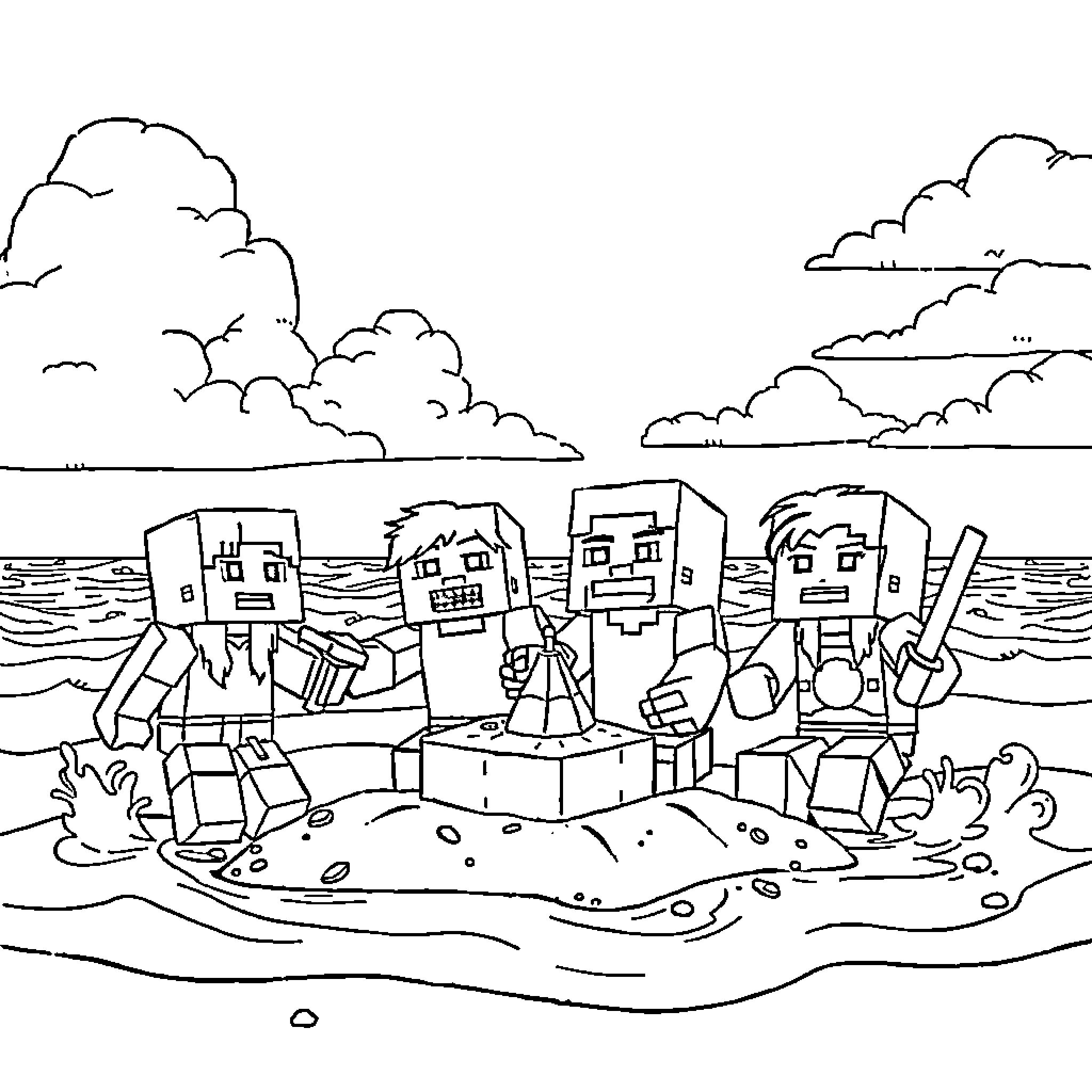 Minecraft Characters on a Beach Landscape Coloring Page (free black-and-white line drawing printable PDF for all, from beginners to advanced learners, including children, teens, adults, and seniors)