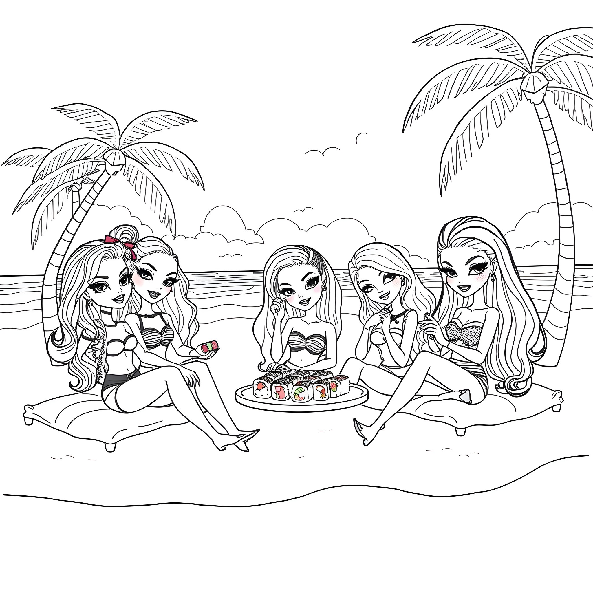 Bratz enjoying tropical beach vacation Coloring Page (free black-and-white line drawing printable PDF for all, from beginners to advanced learners, including children, teens, adults, and seniors)
