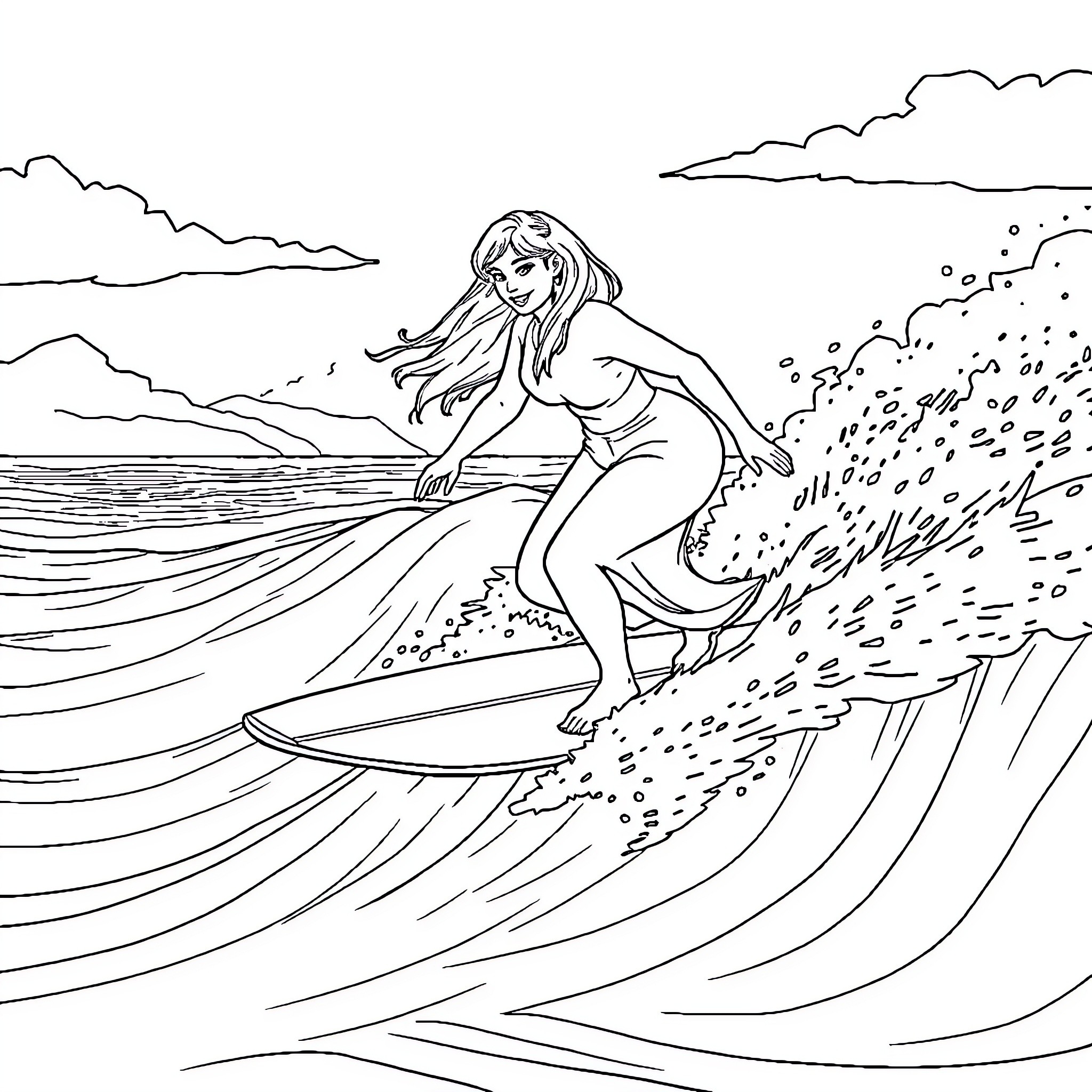 Queen riding the waves in the ocean Coloring Page (free black-and-white line drawing printable PDF for all, from beginners to advanced learners, including children, teens, adults, and seniors)