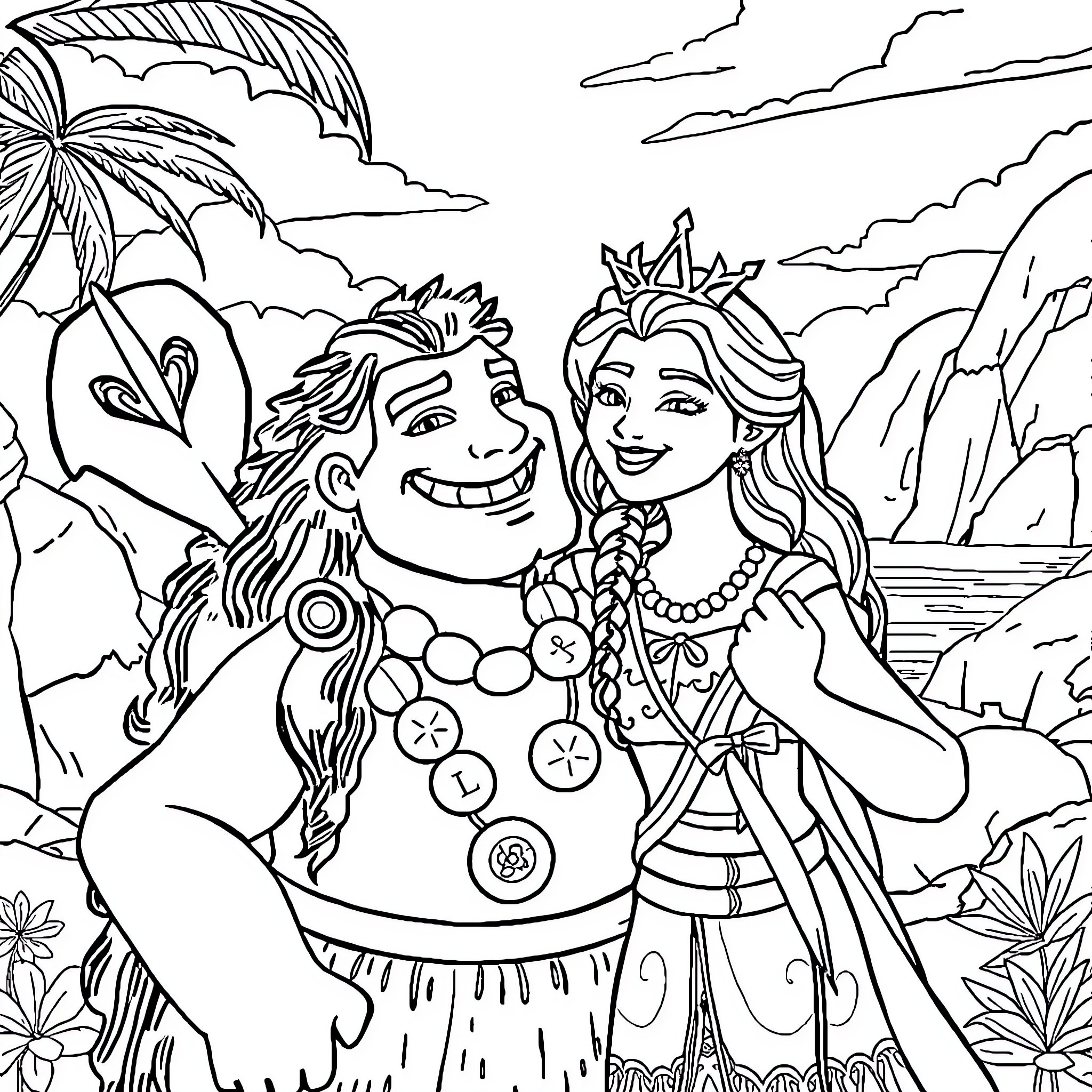 Maui and Princess Enjoying Tropical Scenery Coloring Page (free black-and-white line drawing printable PDF for all, from beginners to advanced learners, including children, teens, adults, and seniors)