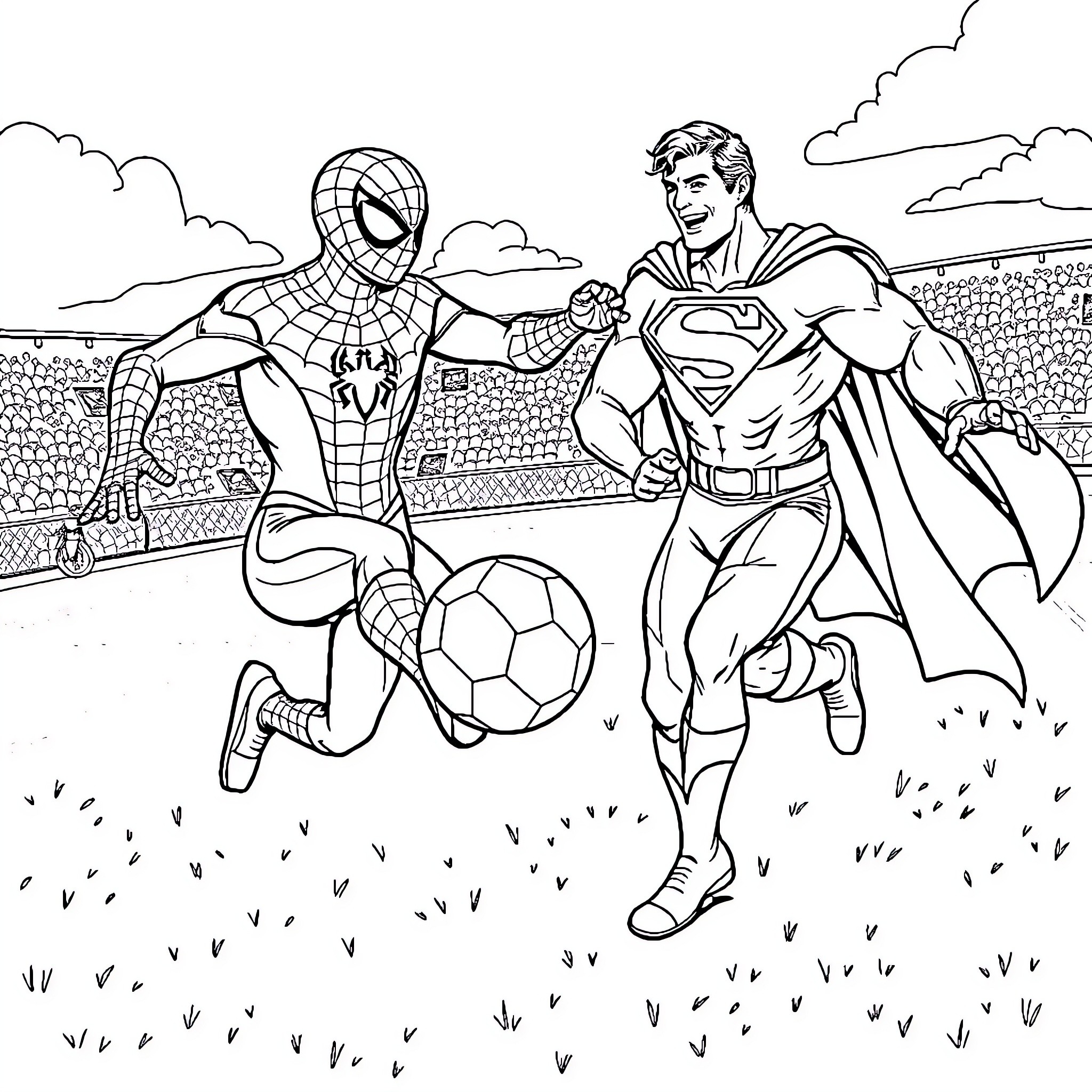 Spiderman and Superman playing soccer together Coloring Page (free black-and-white line drawing printable PDF for all, from beginners to advanced learners, including children, teens, adults, and seniors)