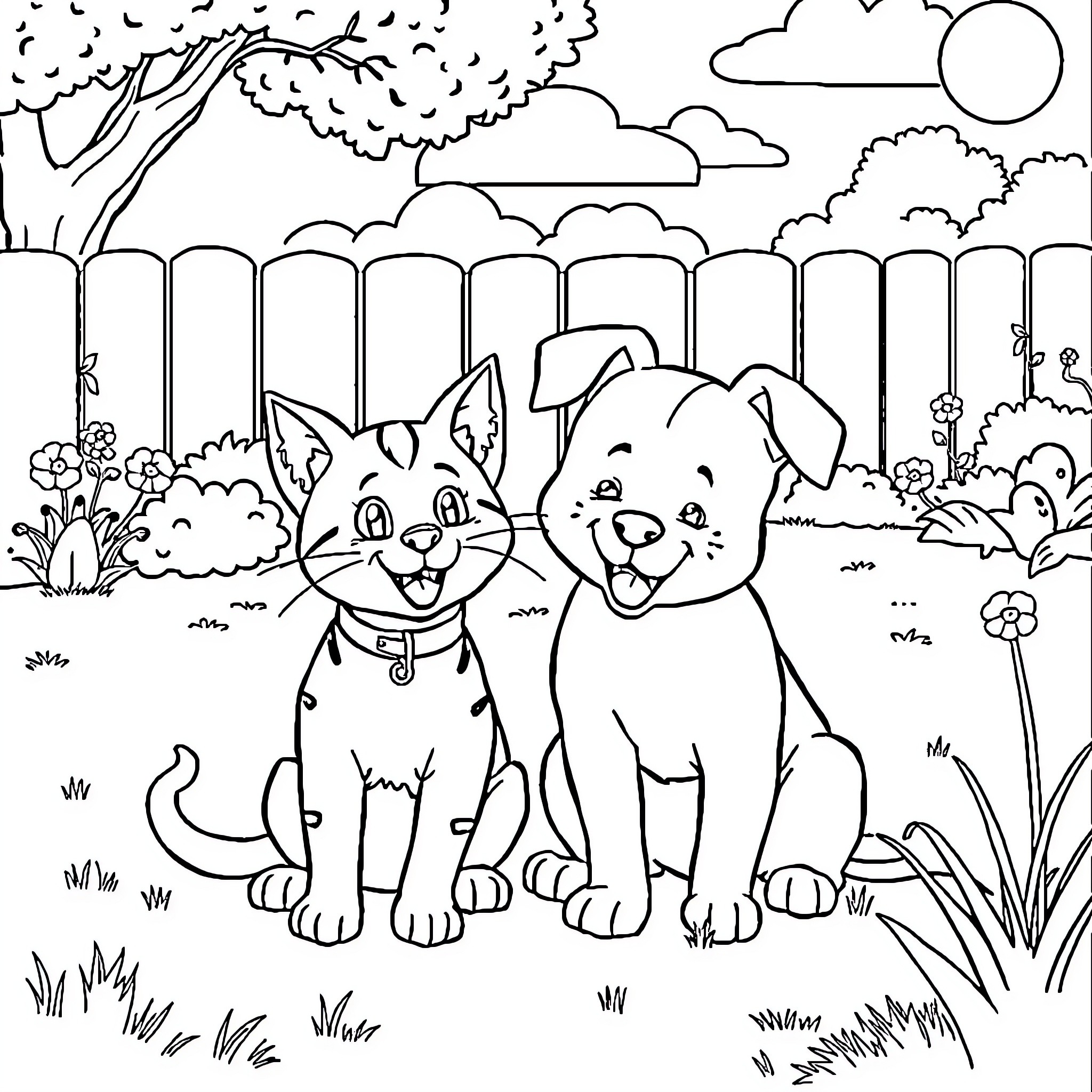 Cat and dog playing in the garden Coloring Page (free black-and-white line drawing printable PDF for all, from beginners to advanced learners, including children, teens, adults, and seniors)