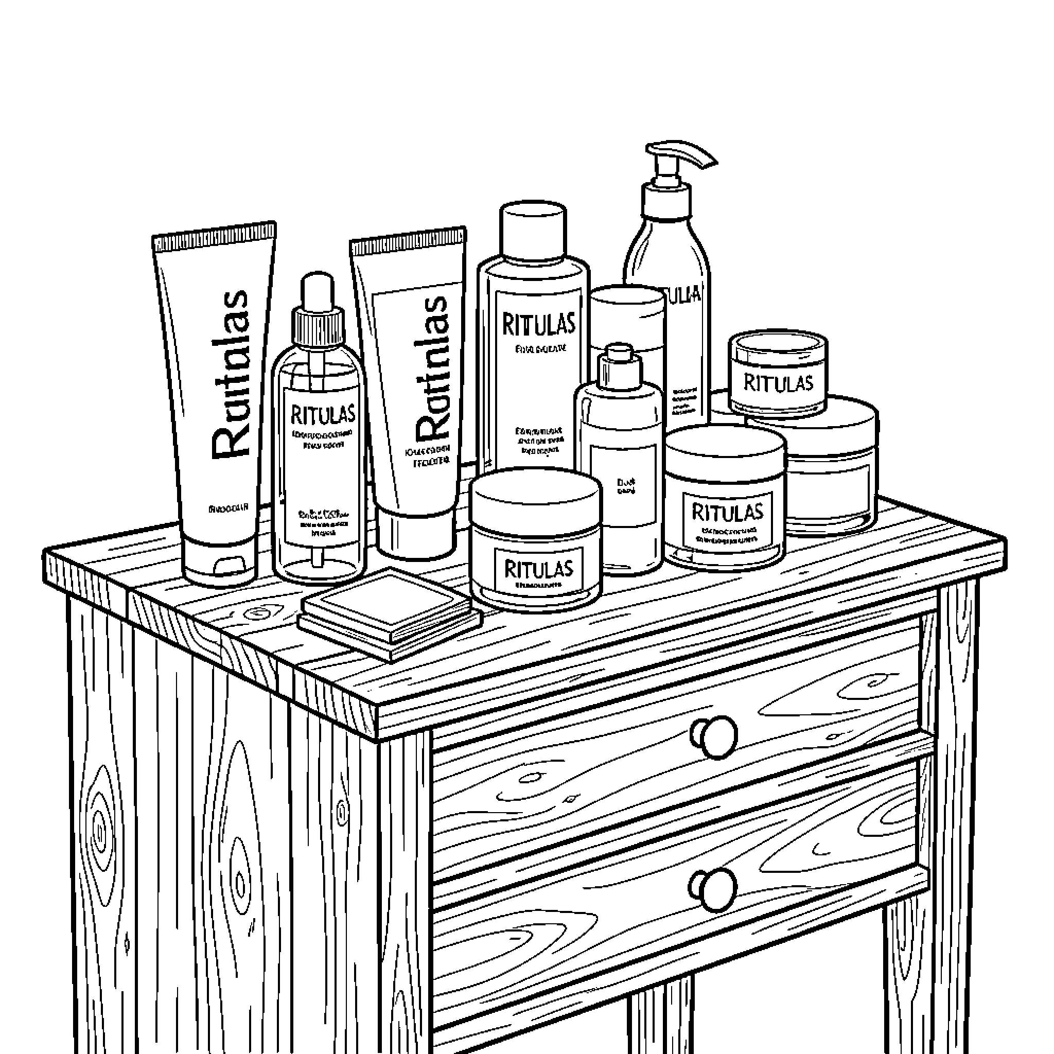 Rituals of skincare products arranged on a wooden vanity Coloring Page (free black-and-white line drawing printable PDF for all, from beginners to advanced learners, including children, teens, adults, and seniors)