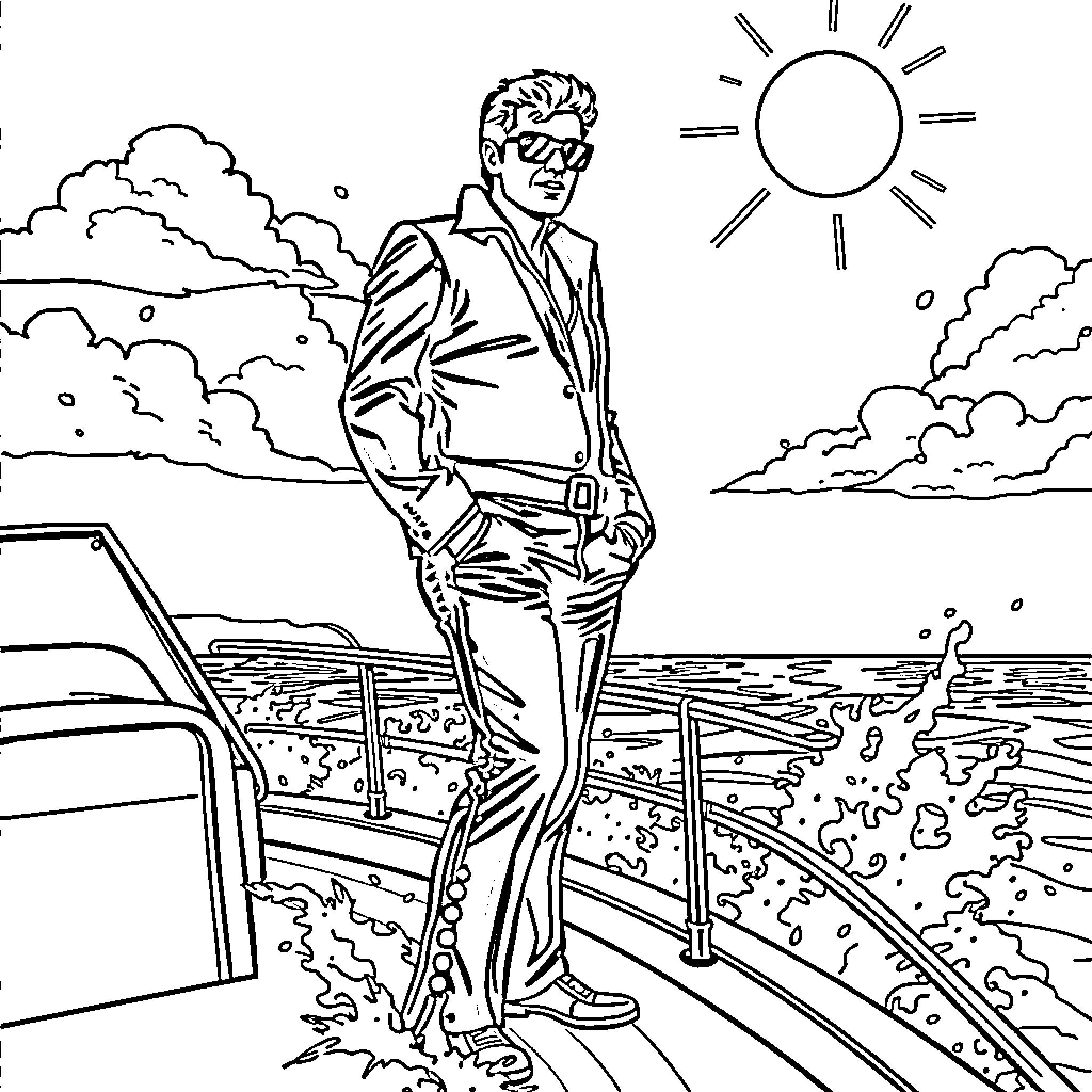 Elvis posing on the beach with a car Coloring Page (free black-and-white line drawing printable PDF for all, from beginners to advanced learners, including children, teens, adults, and seniors)