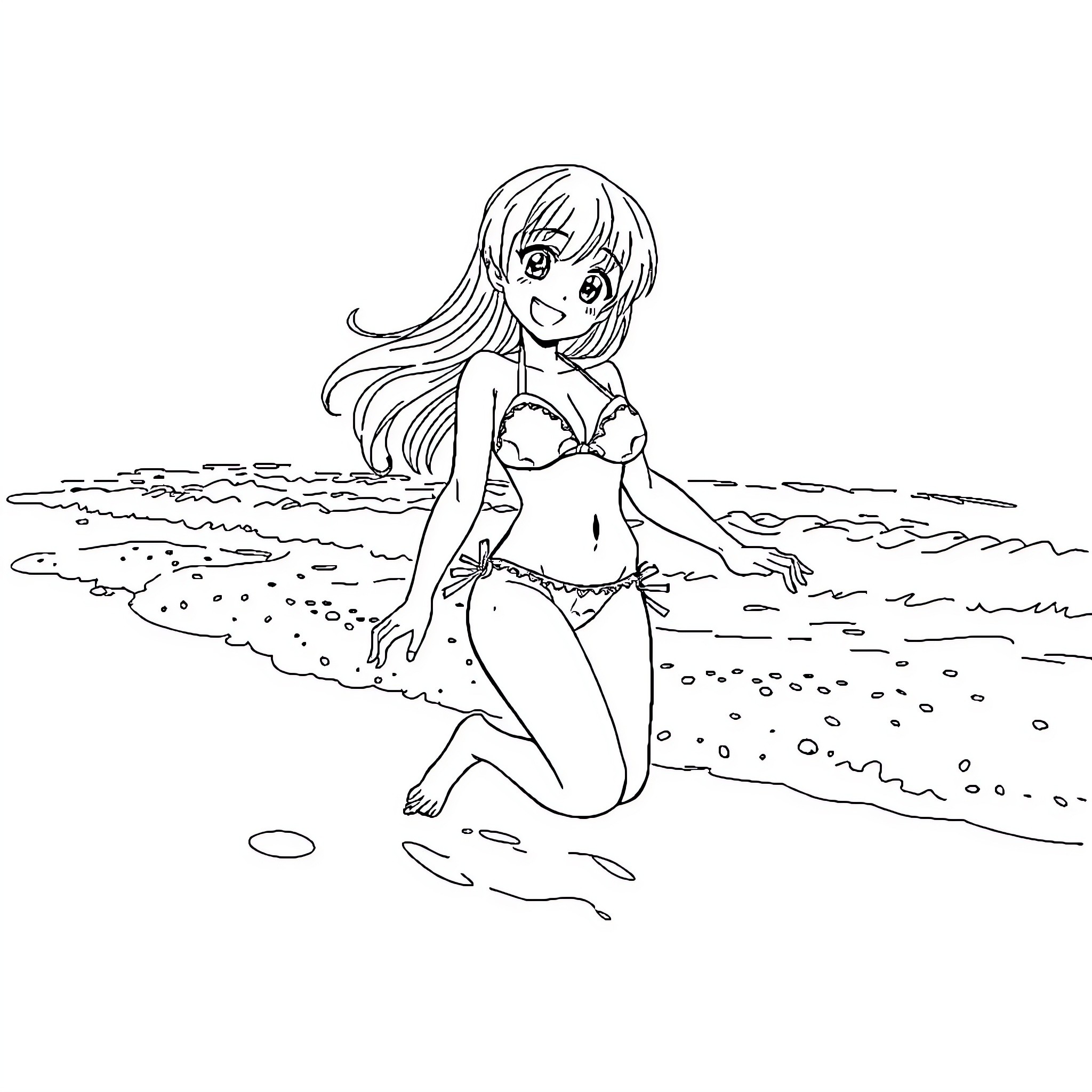 Anime Girl Relaxing on the Beach Coloring Page (free black-and-white line drawing printable PDF for all, from beginners to advanced learners, including children, teens, adults, and seniors)