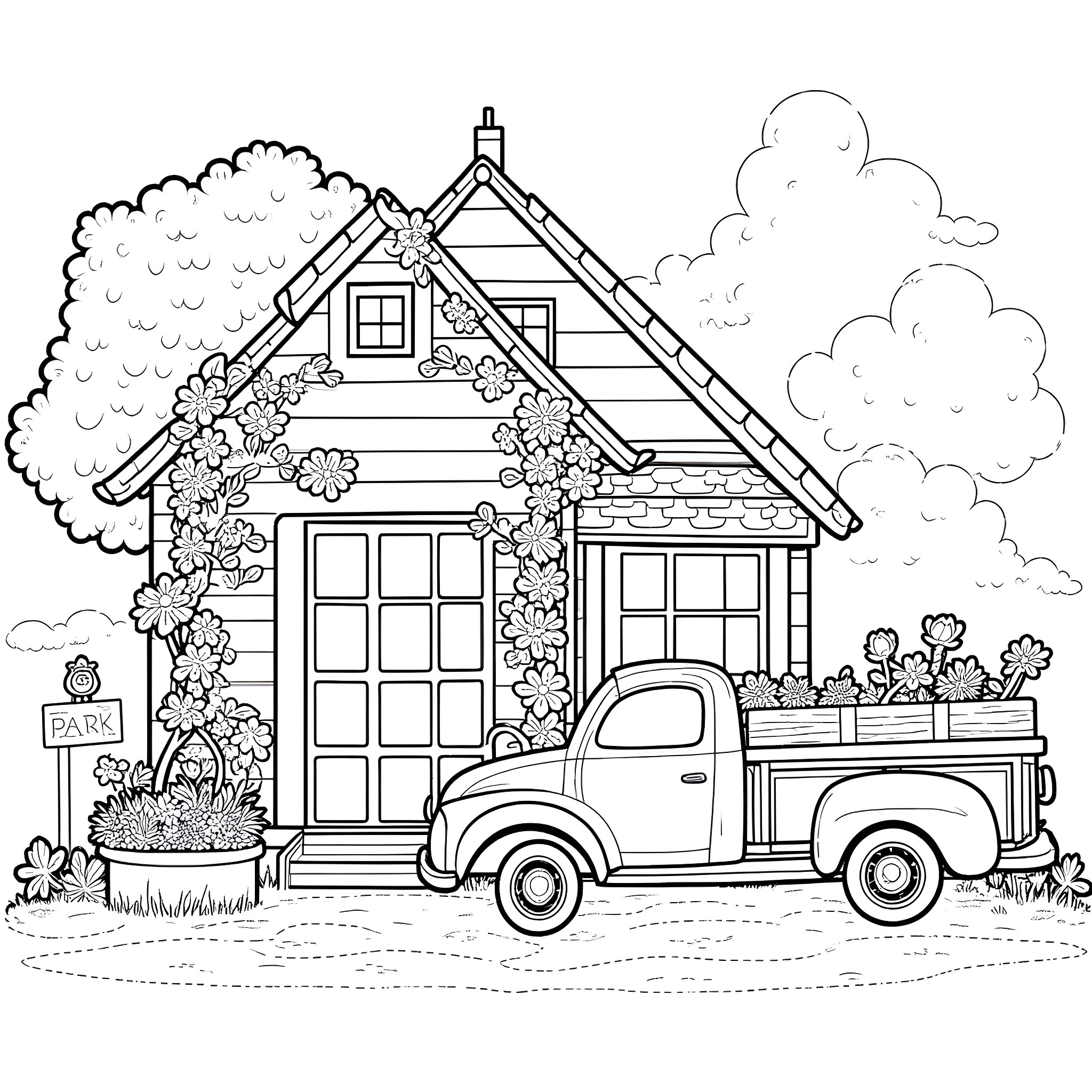 House with a Vintage Truck and Flowering Garden Coloring Page (free black-and-white line drawing printable PDF for all, from beginners to advanced learners, including children, teens, adults, and seniors)