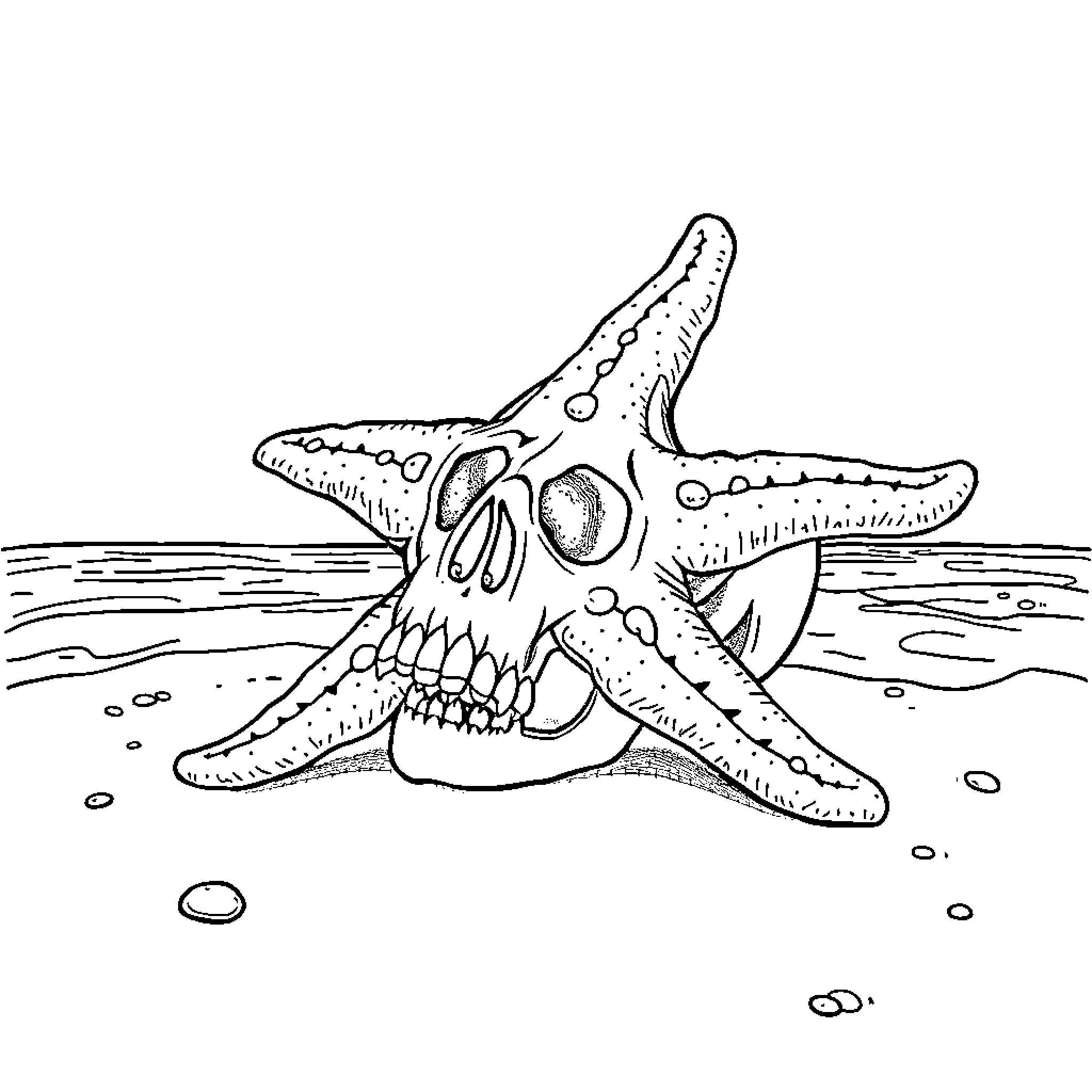 Starfish with Frightening Expression on Ocean Floor Coloring Page (free black-and-white line drawing printable PDF for all, from beginners to advanced learners, including children, teens, adults, and seniors)