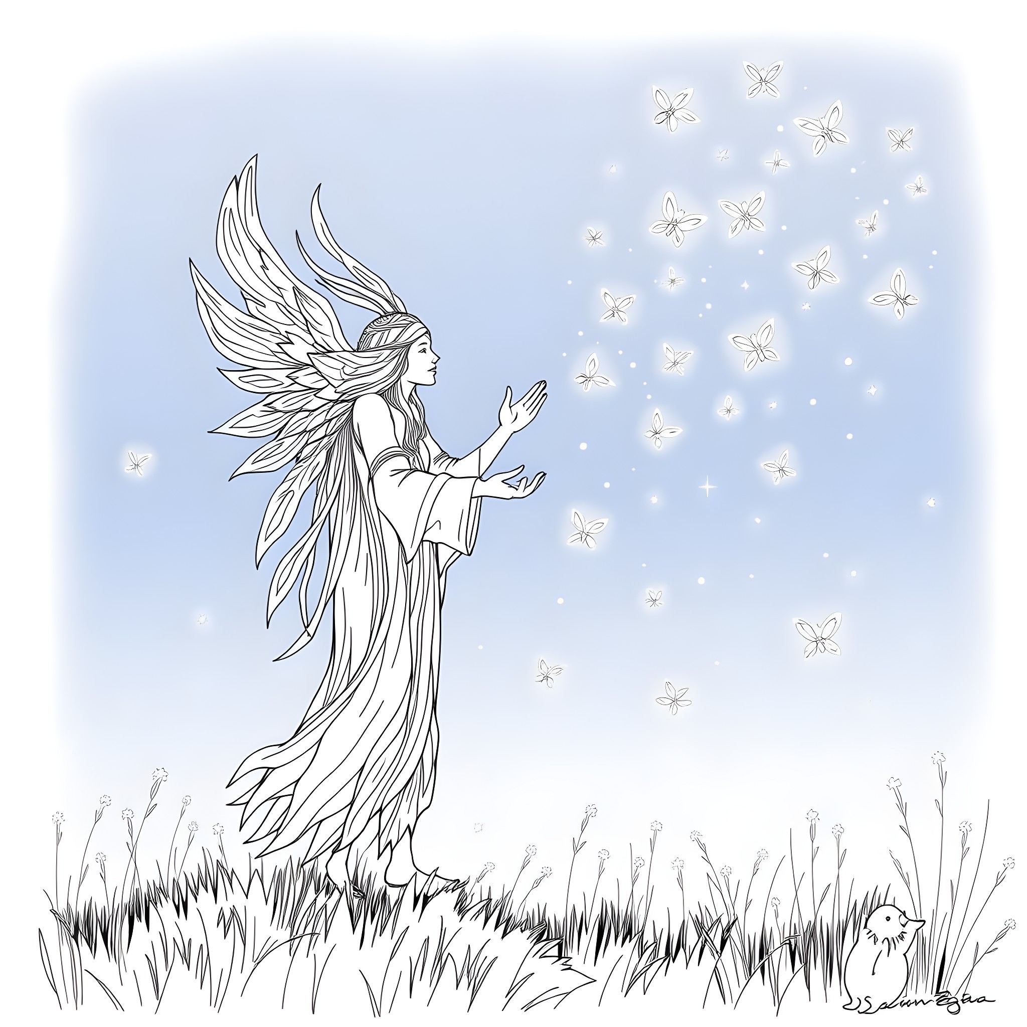 Spirit of nature among the dandelions Coloring Page (free black-and-white line drawing printable PDF for all, from beginners to advanced learners, including children, teens, adults, and seniors)