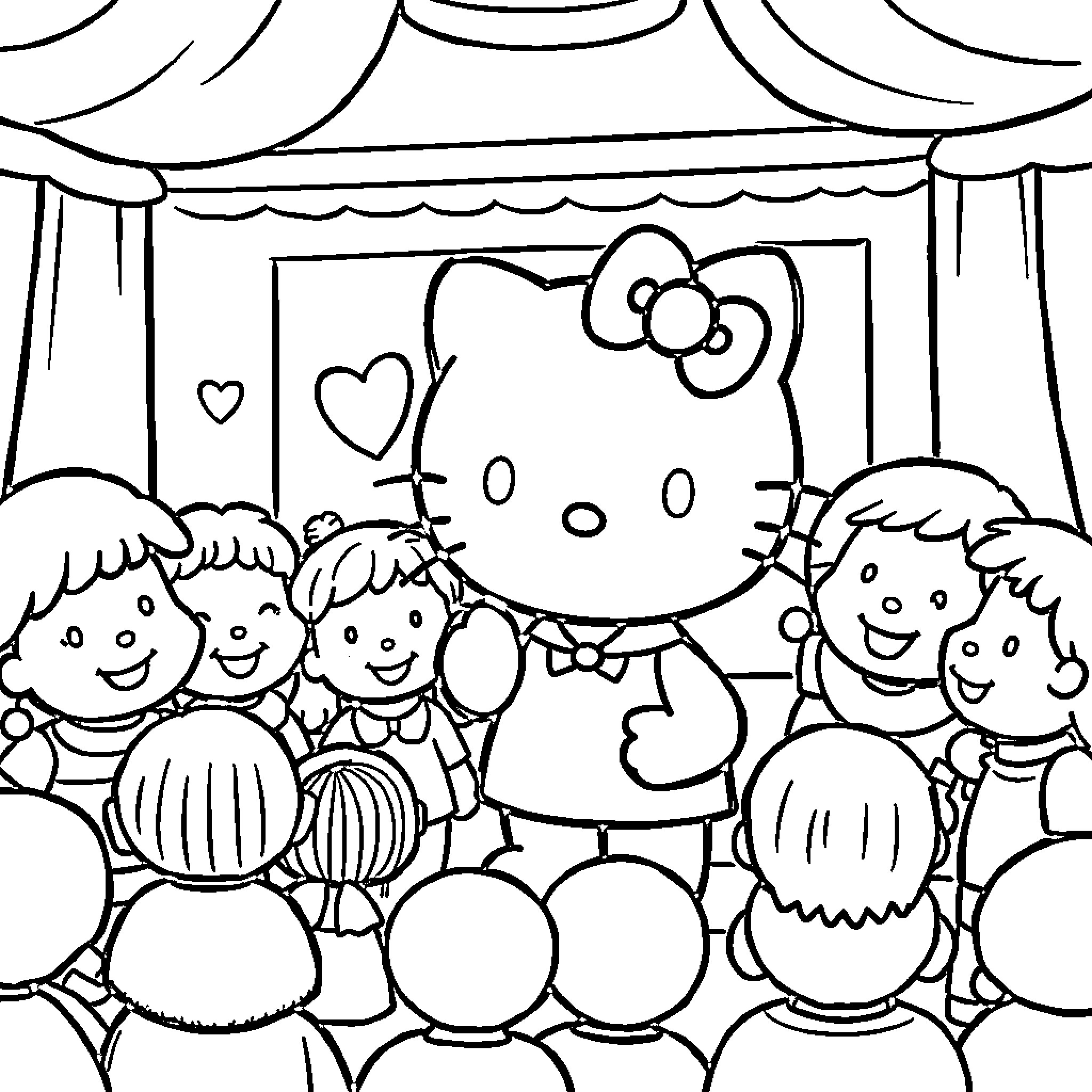 Hello Kitty performing on stage with audience Coloring Page (free black-and-white line drawing printable PDF for all, from beginners to advanced learners, including children, teens, adults, and seniors)