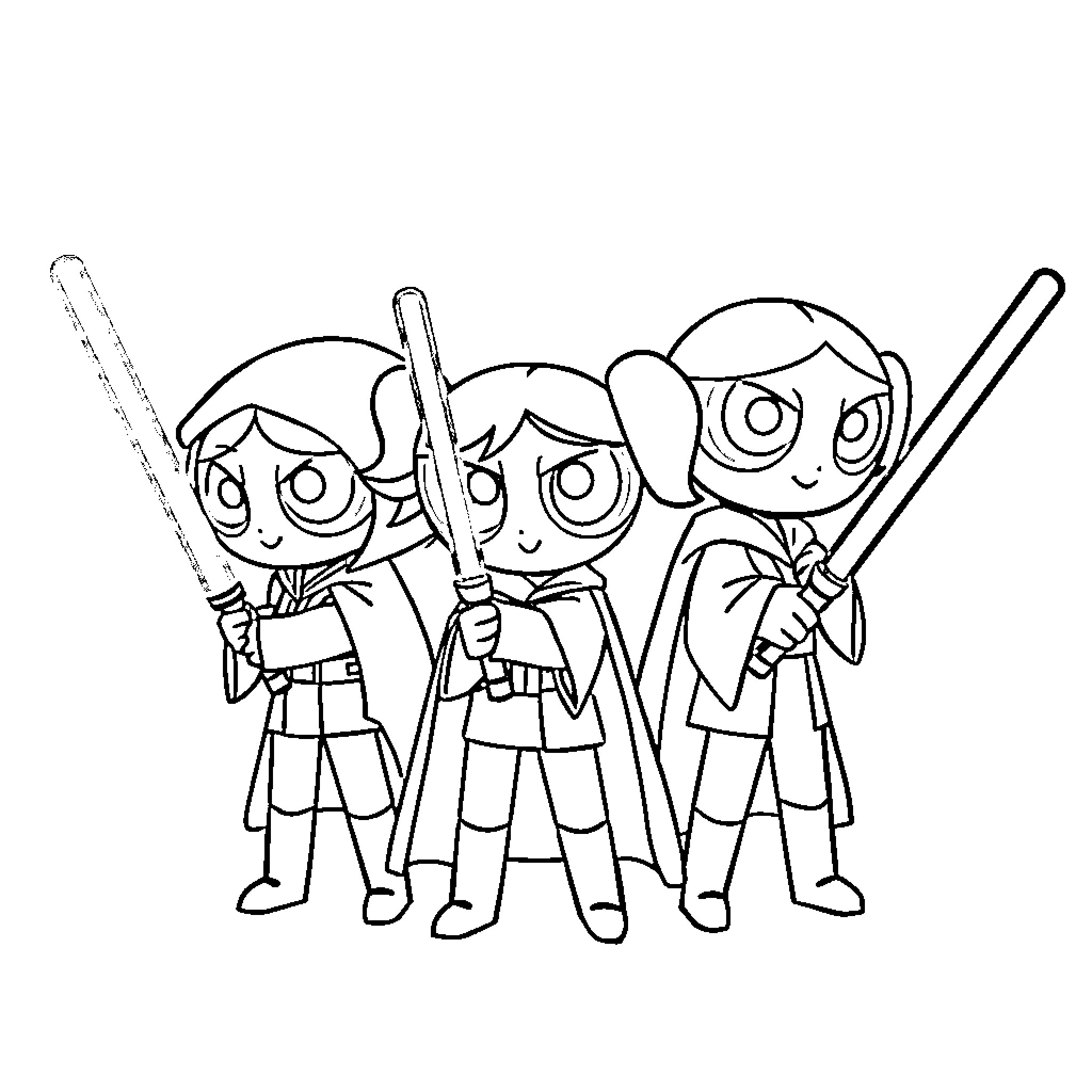 Powerpuff Girls in action poses with weapons Coloring Page (free black-and-white line drawing printable PDF for all, from beginners to advanced learners, including children, teens, adults, and seniors)