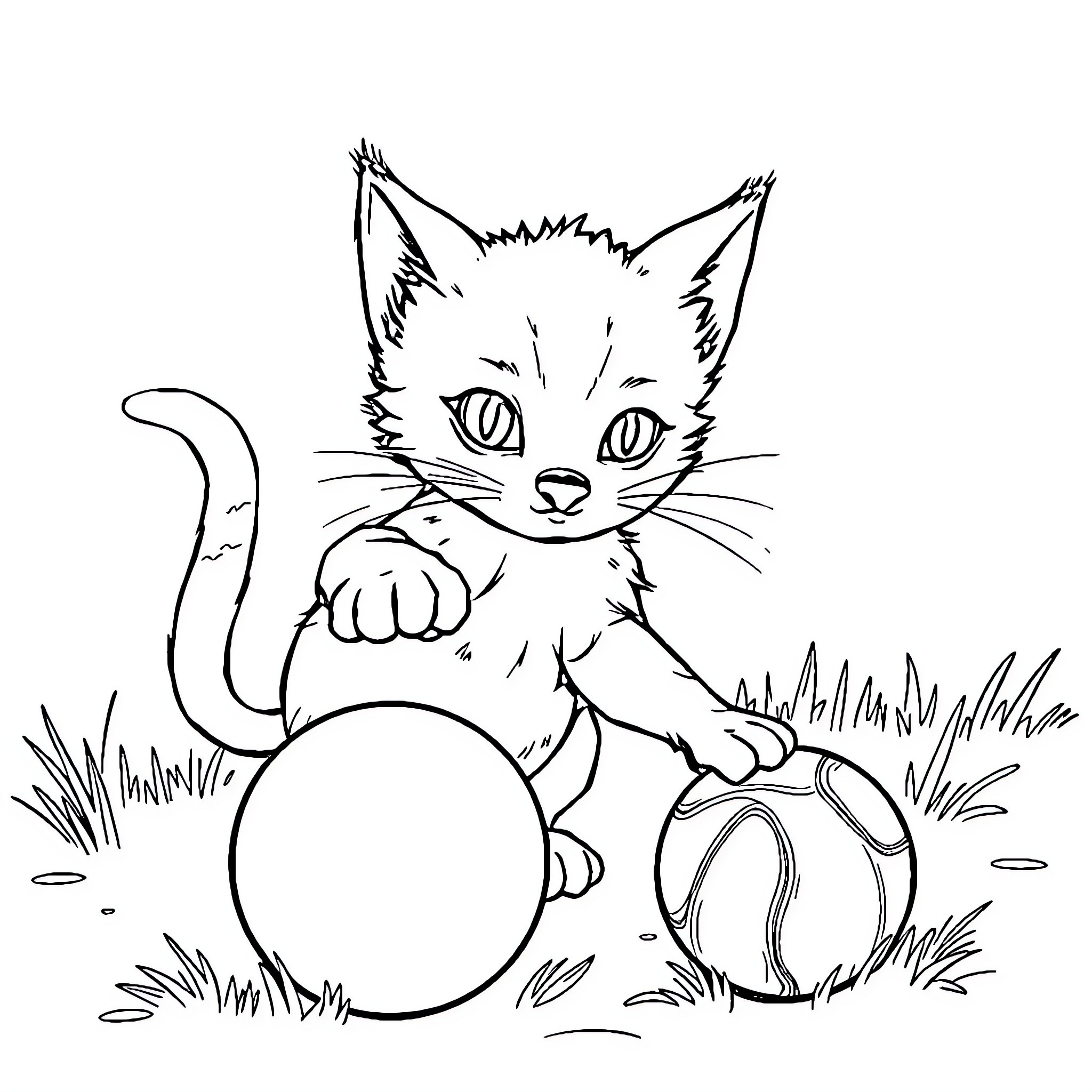 Cat playing with ball in grassy field Coloring Page (free black-and-white line drawing printable PDF for all, from beginners to advanced learners, including children, teens, adults, and seniors)