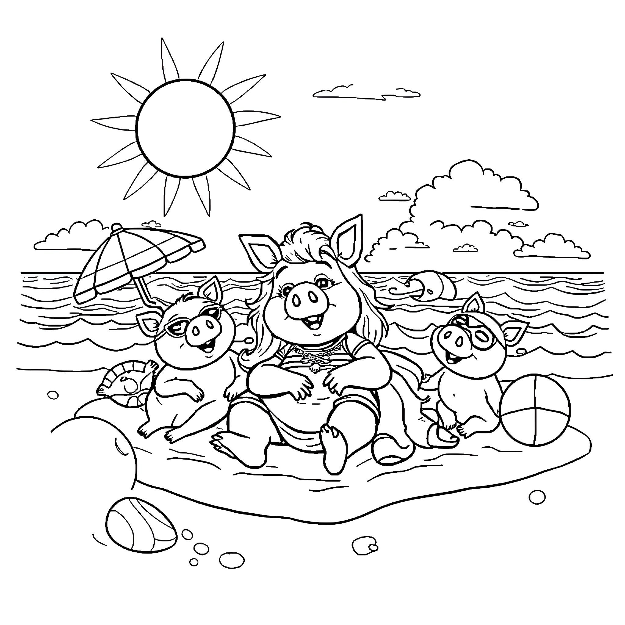 Miss Piggy and friends enjoy a sunny day at the beach Coloring Page (free black-and-white line drawing printable PDF for all, from beginners to advanced learners, including children, teens, adults, and seniors)