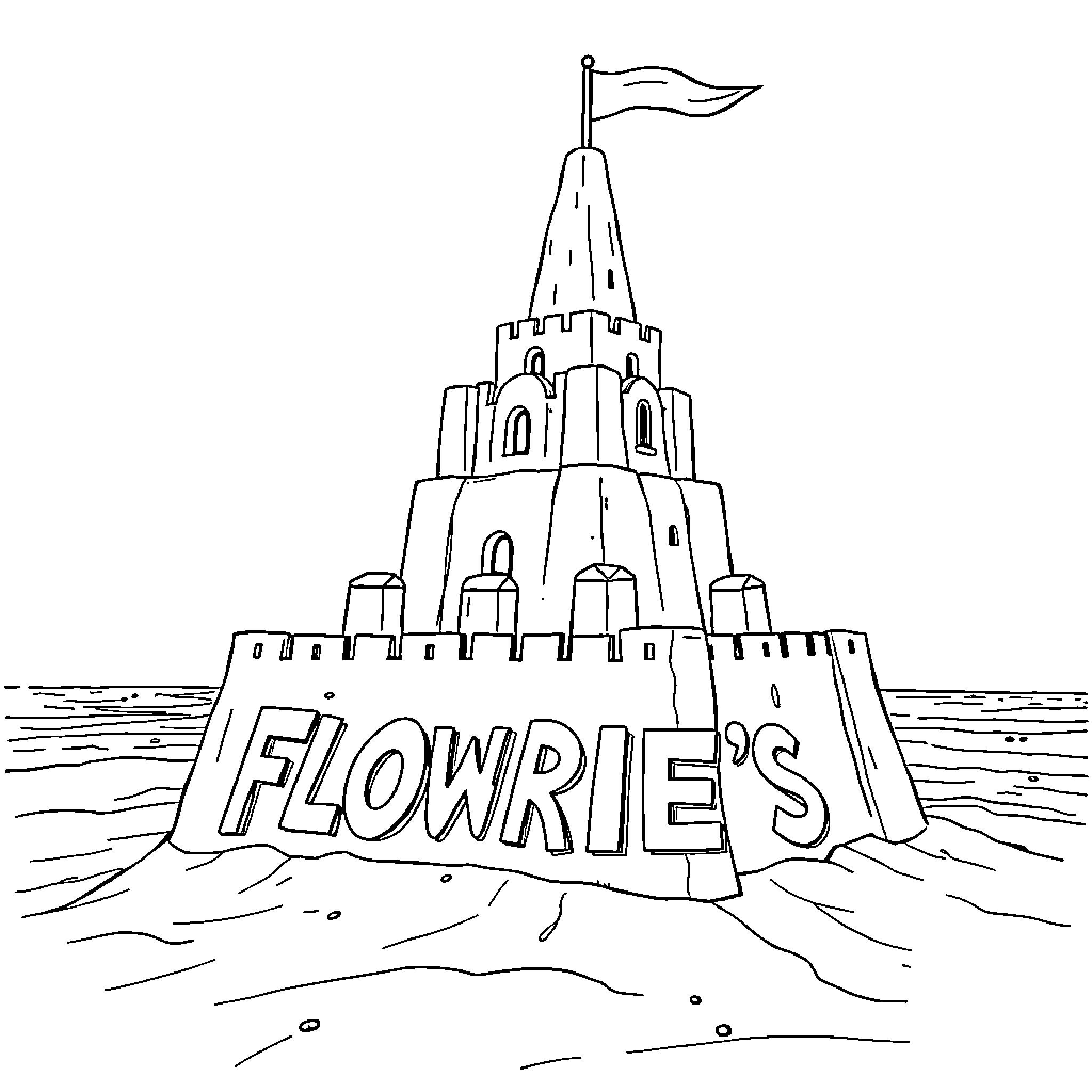 Sand Castle with Flowrie's Text Coloring Page (free black-and-white line drawing printable PDF for all, from beginners to advanced learners, including children, teens, adults, and seniors)