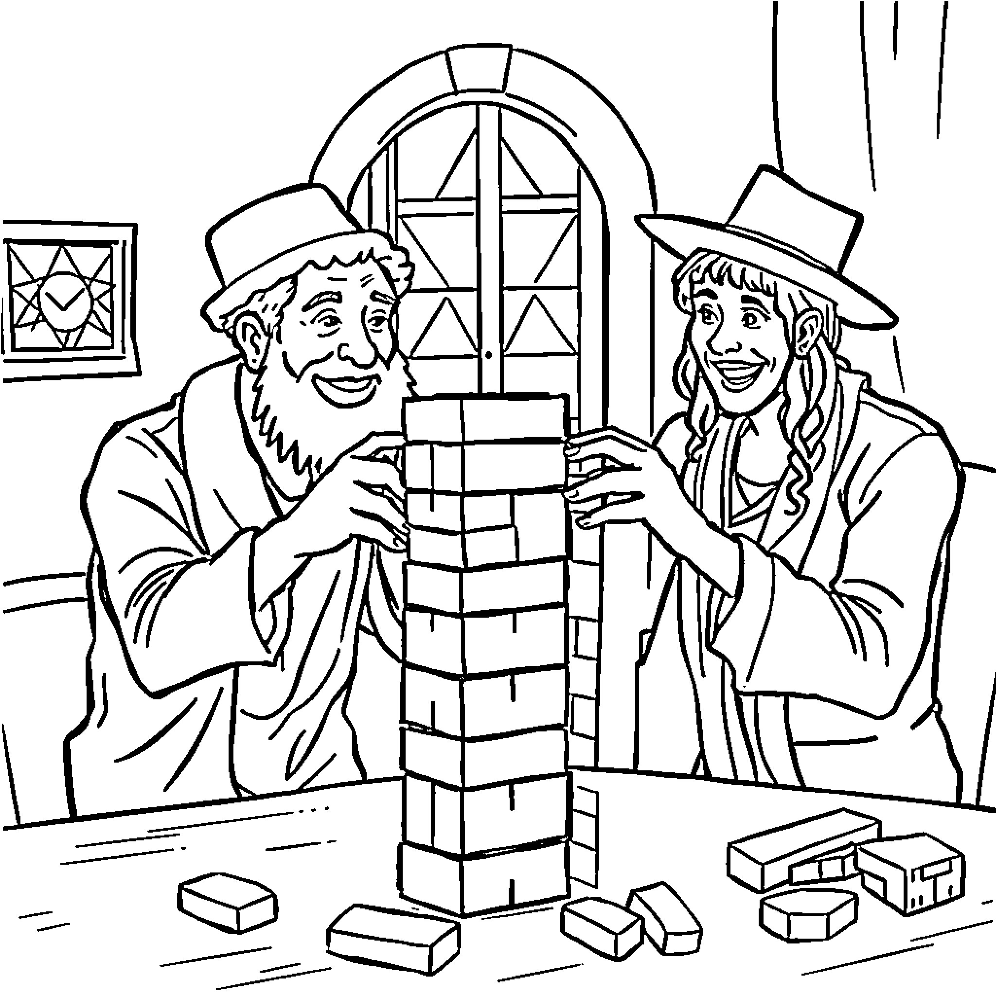 Jewish Gut Constructing Architectural Model Together Coloring Page (free black-and-white line drawing printable PDF for all, from beginners to advanced learners, including children, teens, adults, and seniors)